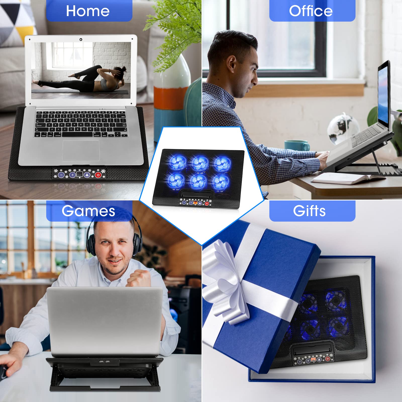 Uten poduszka chłodząca do laptopa 12-17", chłodząca podkładka chłodząca do notebooka, 6 cichych wentylatorów i niebieskich diod LED, sterowanie wyświetlaczem, 5 regulacji wysokości, podkładka