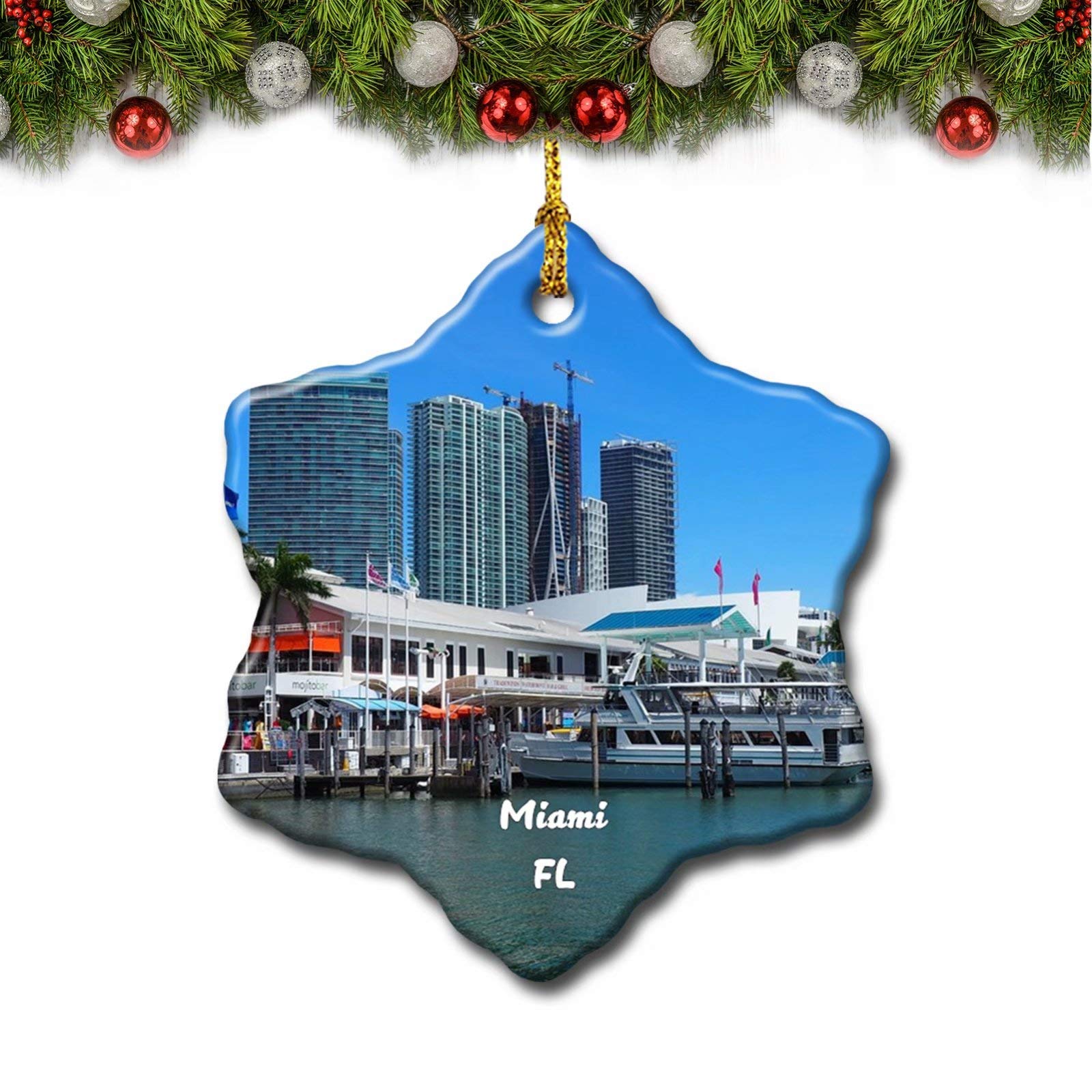 Umsufa Miami Bayside Marketplace Florida USA Florida USA Christmas Tree Ornament Travel Gift Souvenir 3 Inch Porcelain Double Side
