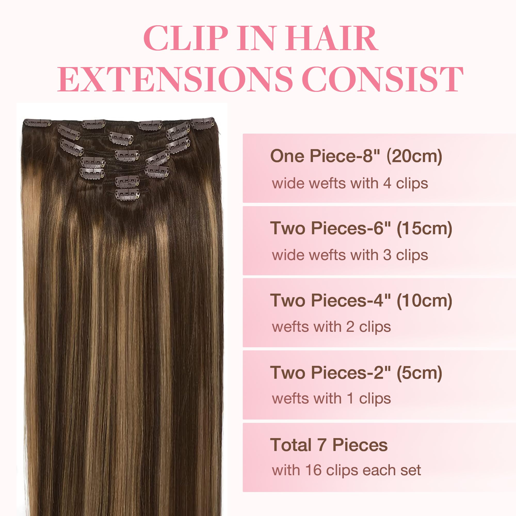 GOO GOO Extension Capelli Veri Clip, 35cm 80g 7pezzi, Remy Umani Naturali Extension Capelli Clip, 4/27/4 Balayage Marrone Cioccolato a Biondo Caramello