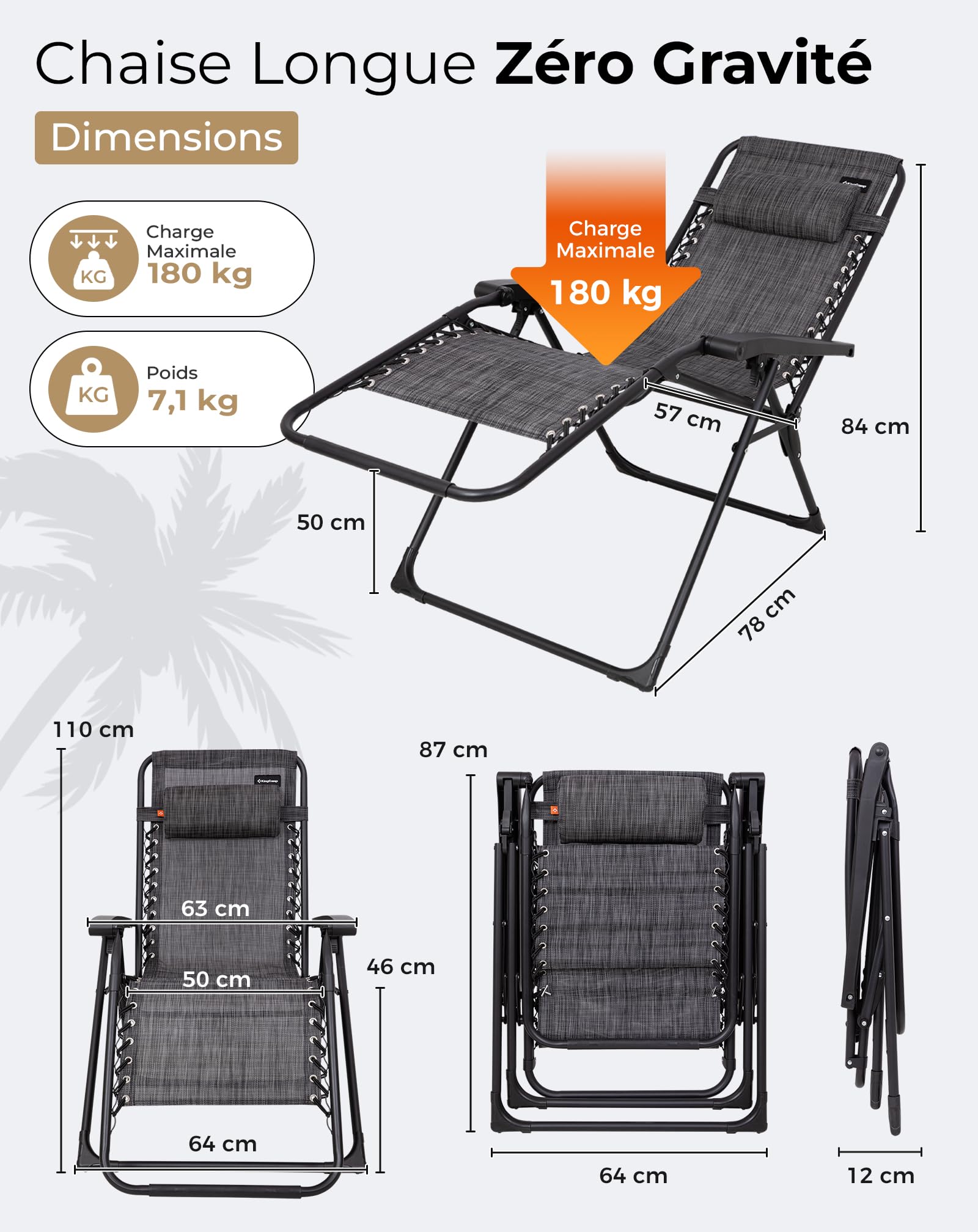 KingCamp Chaise Longue Gravité Zéro Inclinable, Jusqu'à 180 kg, Lot de 2 | Fauteuil Relax avec Appui-tête, Transat Longue de Jardin Réglable 90-130°, Textilène et Acier, pour Piscine Camping Jardin