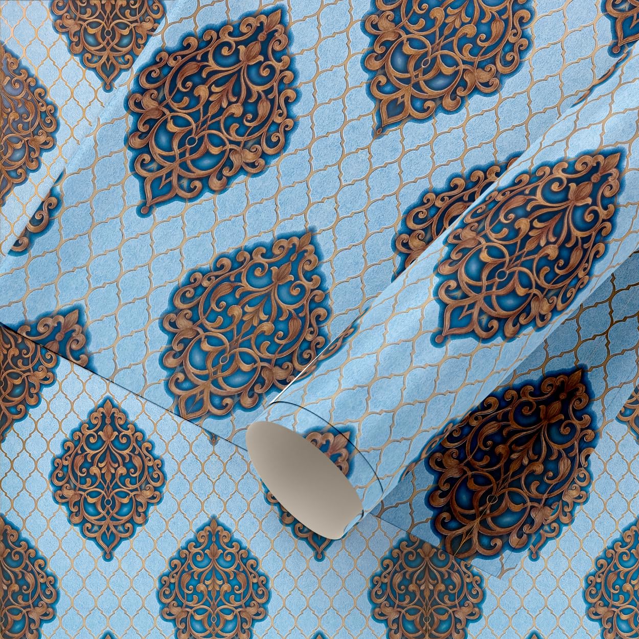 Eurotex Wall Paper for Wall Decor, Non Adhesive Wallpaper for Walls Living Room, Bedroom (53 x 1000 cm, Roll 57sqft, Ocean Blue Damask Design)