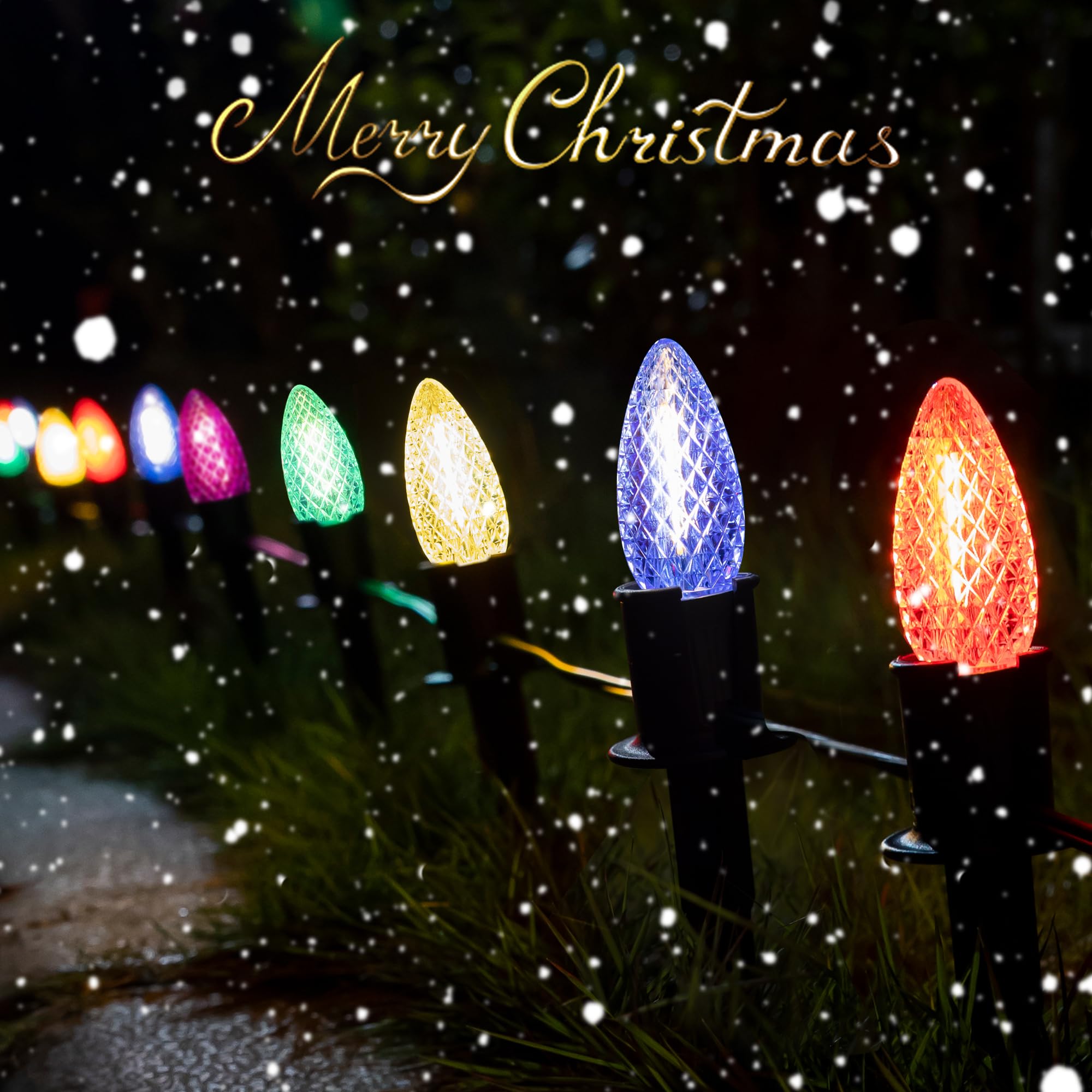Luces de camino de Navidad C9 para exteriores, 29 pies, 25 luces LED con 25 estacas de marcador para pasarela, enchufe impermeable, luz de Navidad C9 al aire libre para entrada, patio 3