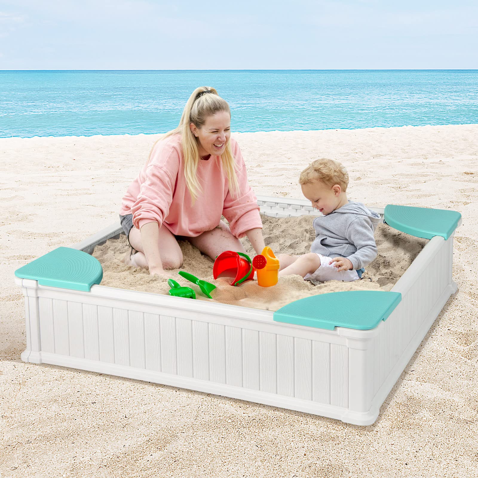 COSTWAY Sabbiera per Bambini, Sabbiera da Cortile con 4 Sedute Angolari e Copertura in Oxford, per Cortile Spiaggia Prato, 123,5 x 123,5 x 31,5 cm (Verde+Bianco)