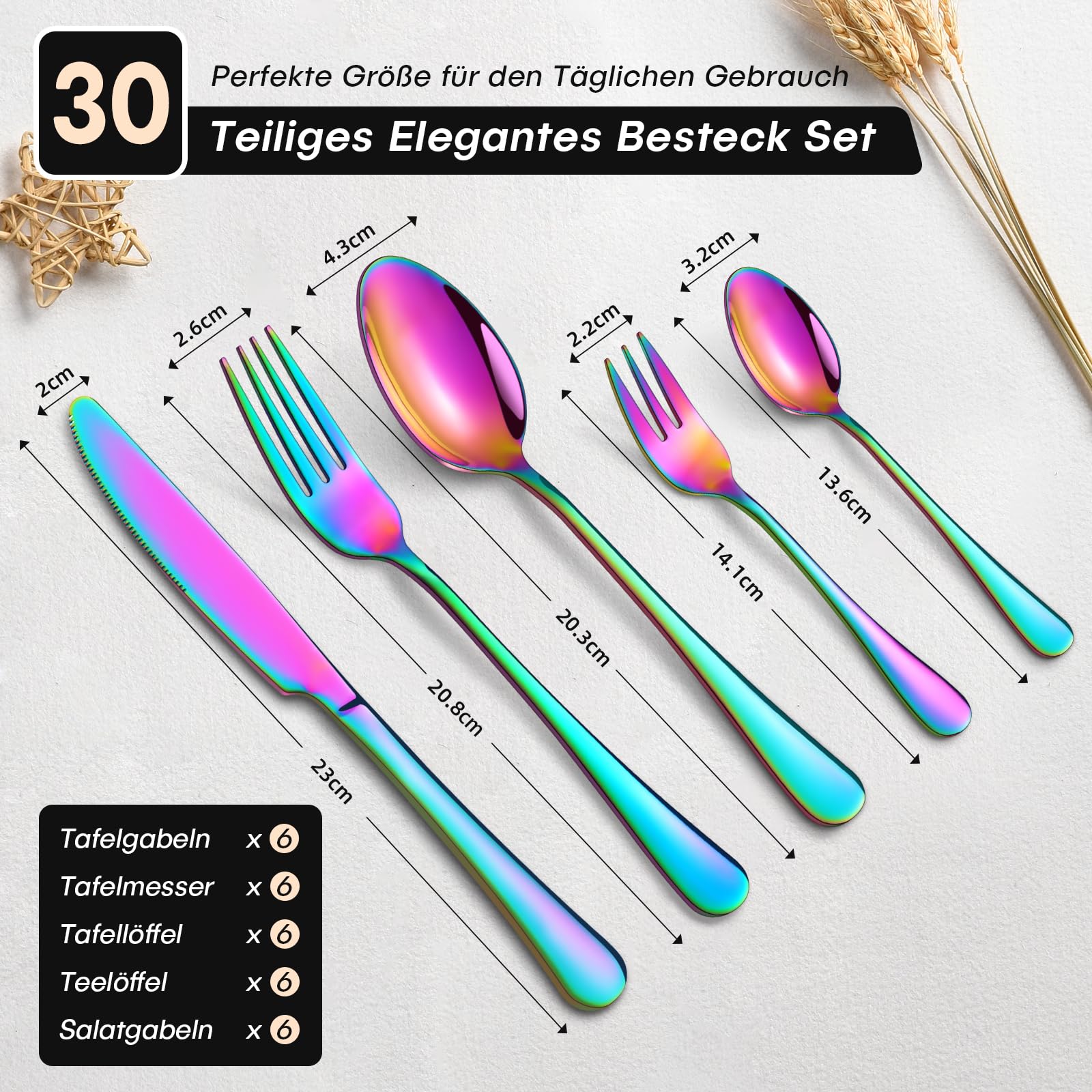 HONKKU Set de couverts pour 6 personnes, 30 pièces arc-en-ciel avec couteau, fourchette, cuillère, couverts en acier inoxydable poli miroir, passe au lave-vaisselle