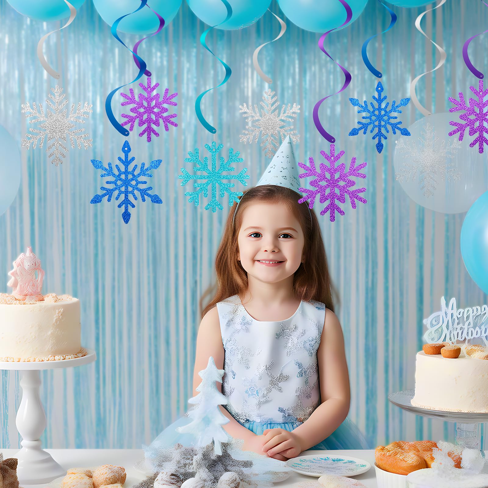 20 Pcs Winter Snowflake Hanging Swirl Decorations - Snowflake Hanging Ceiling Streamers Blue Silver Purple Garland Ornament for Frozen Winter Wonderland Holiday Birthday Party Decorations