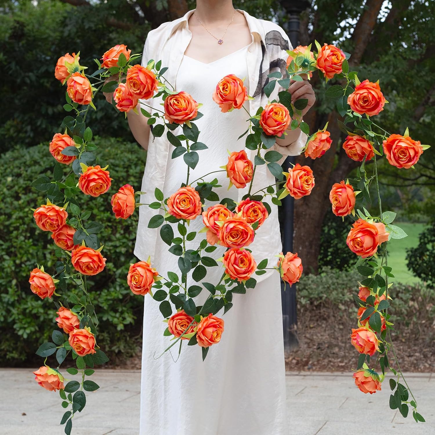 Bendable Artificial Flower Garland Faux Rose Vine Hanging Floral Garland for Wall Decor Trellis Fence Home Room Garden Wedding Decoration(Orange, 1pcs)