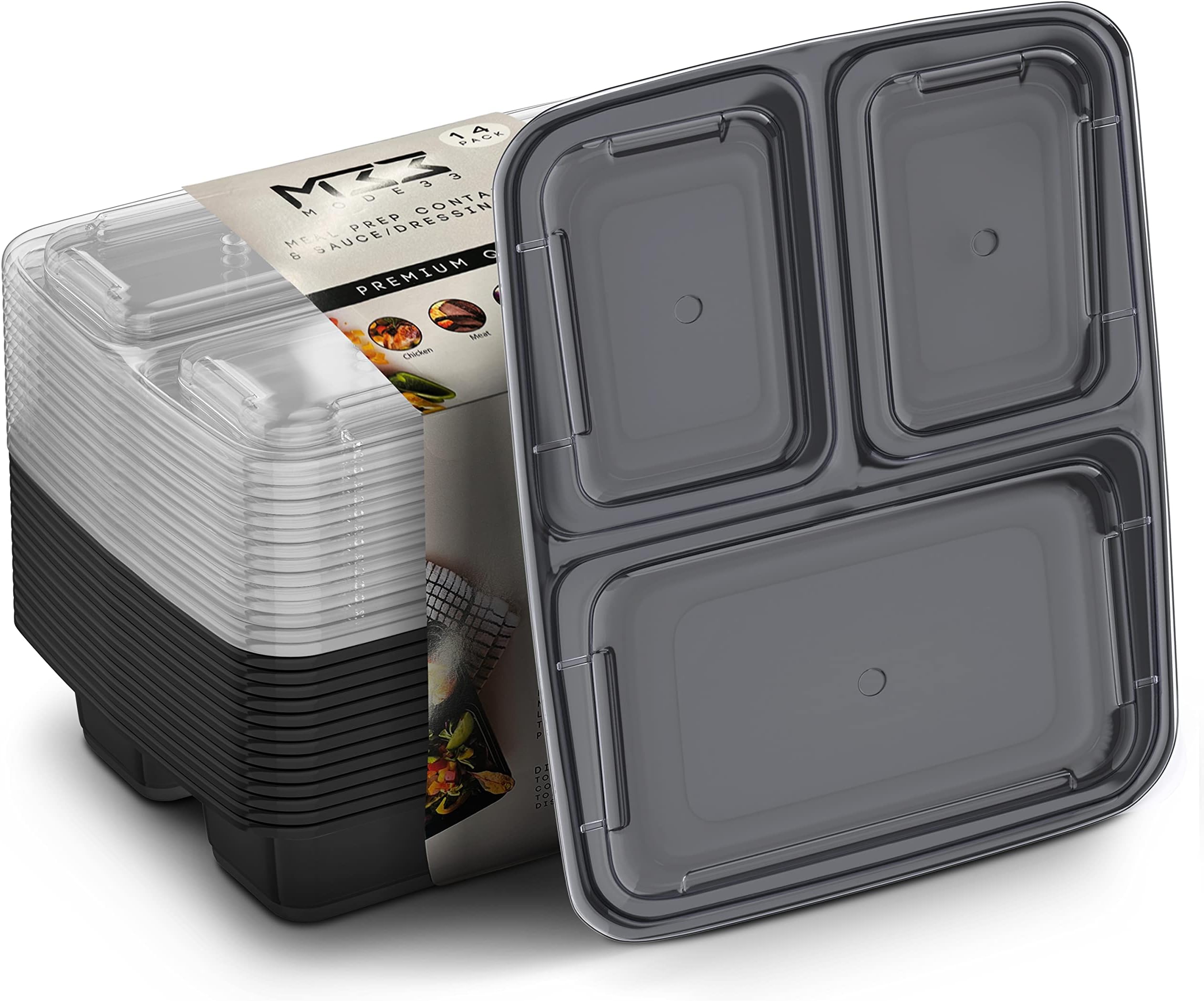(14 Pack) 3 Compartment BPA Free Meal Prep Containers - with Sauce/Dressing Tubs - Food Boxes, portion control, Stackable Lunch Box. Microwavable and Dishwasher Safe (3 Compartment)