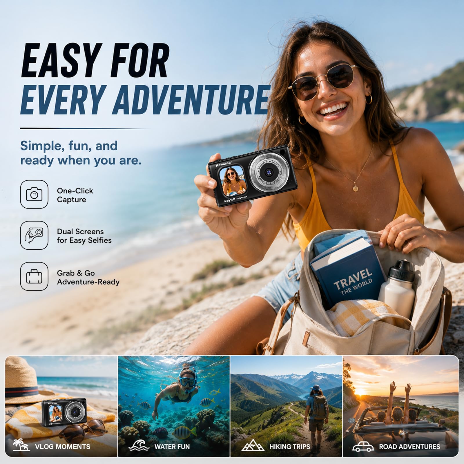 16FT Macchina Fotografica Subacquea, 4K 48MP Batteria Rimovibile 1500mAh | Maxmango D71 Fotocamera Impermeabile con Doppio Schermo, Zoom 18X, Autofocus per Snorkeling e Nuoto Surf, Nero(8GB）
