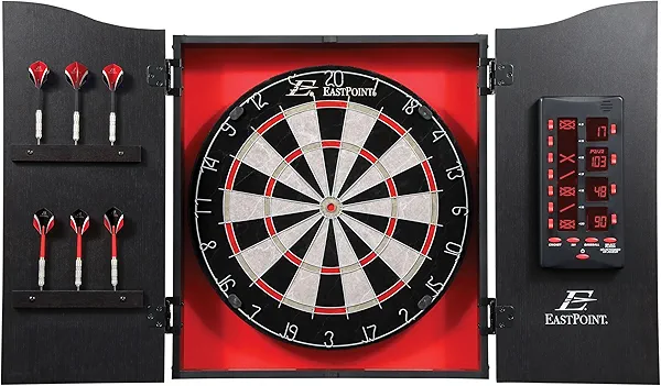 EastPoint Sports Tournament Bristle Dartboard and Easy Hang Cabinet with Electronic Scoreboard and 6 Steel Tip Darts