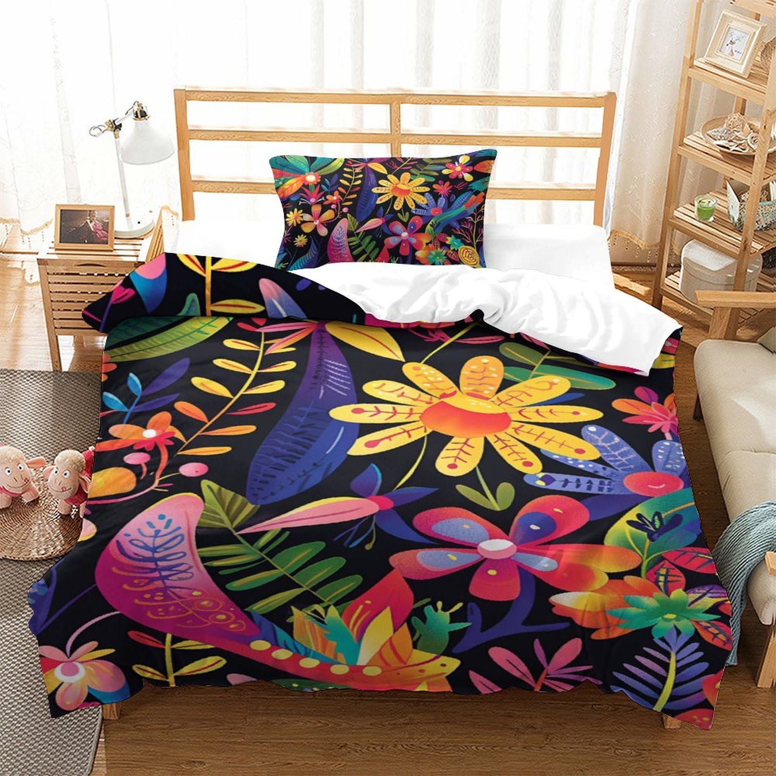 Housse de couette antibactérienne et respirante en microfibre douce motif fleurs