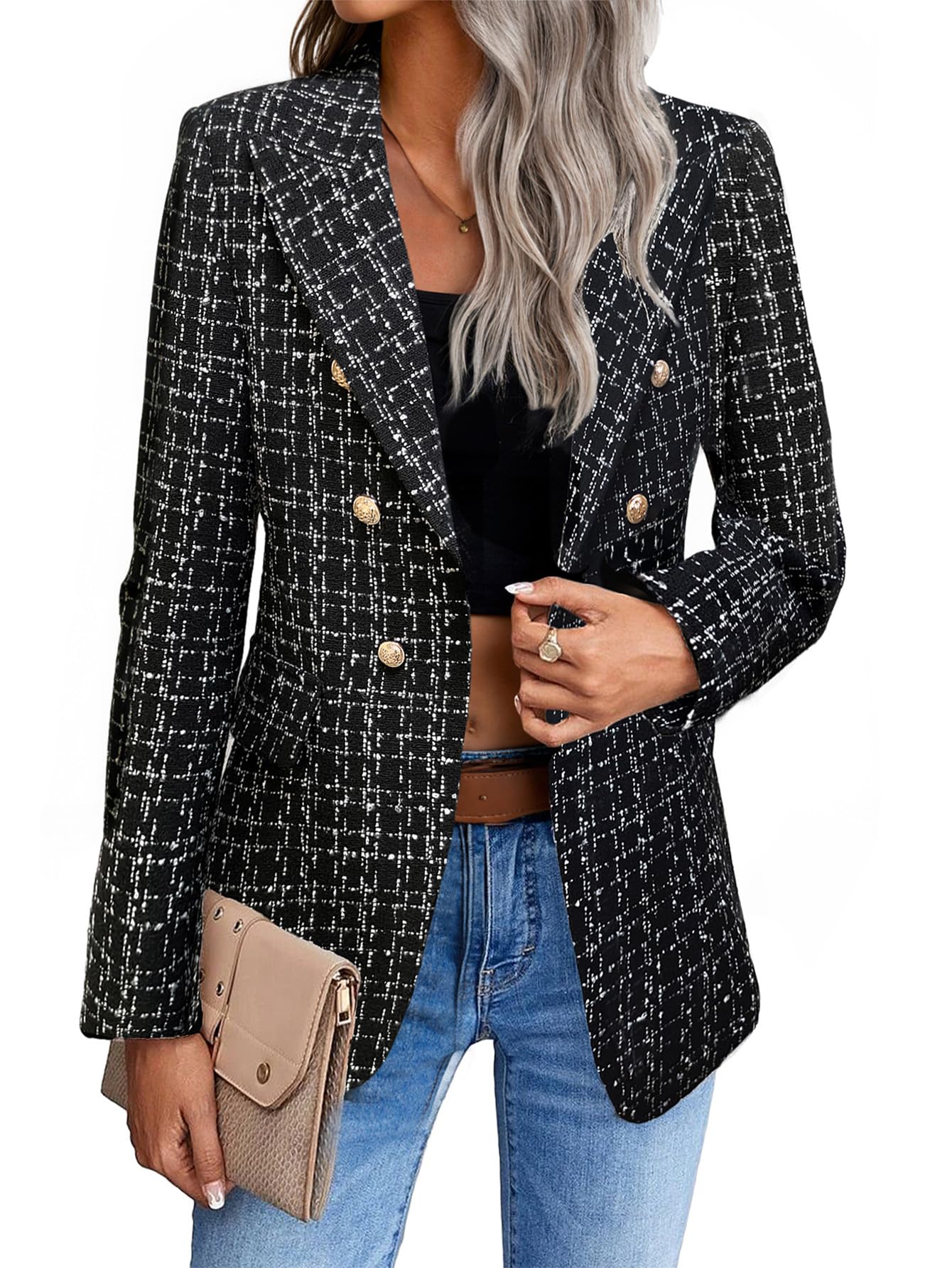 Mina Self 2025 Winter Womens Tweed Wool Blazer Jacket - Plaid Warm Fully Lined Fashion Business Casual Elegant