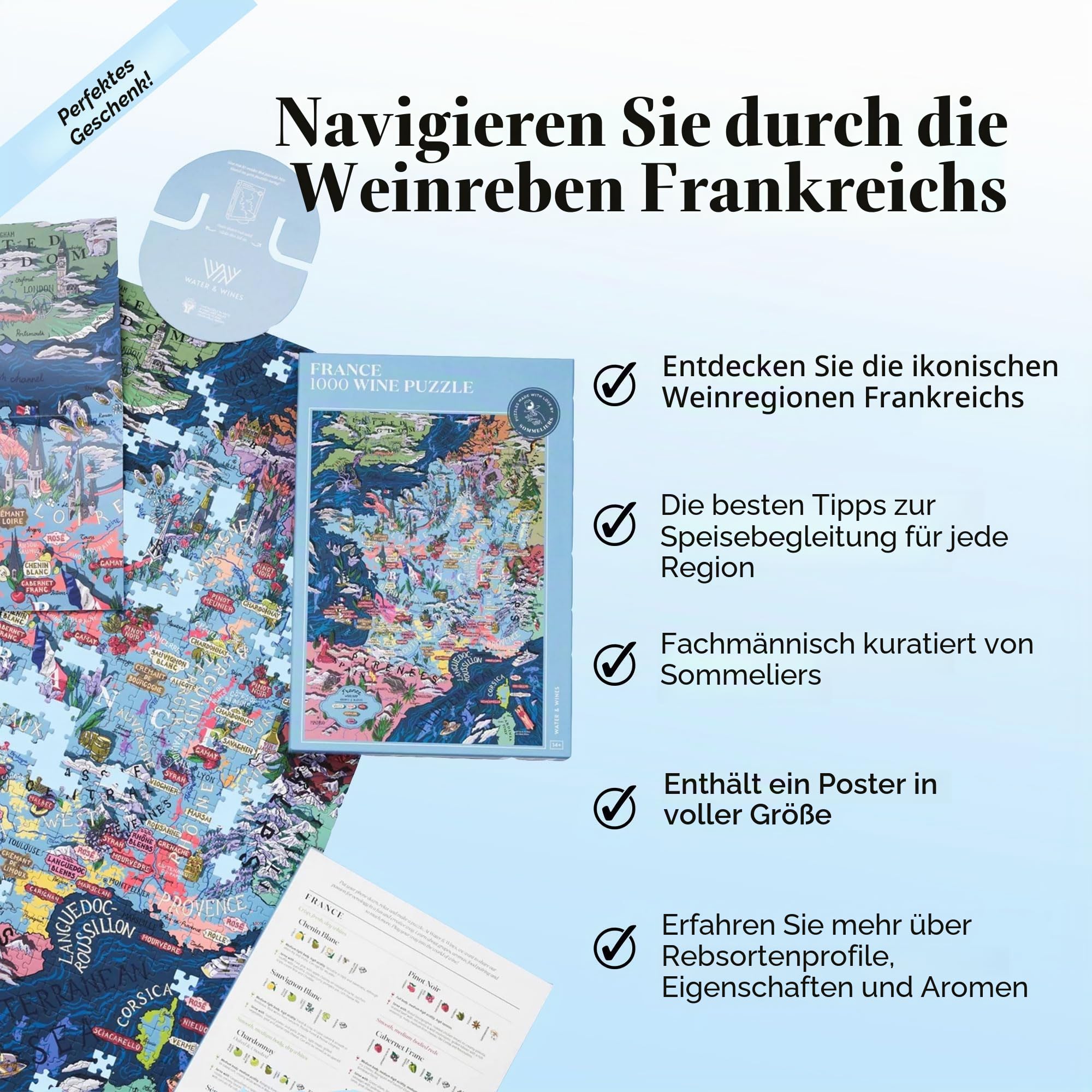 Wine Puzzle Frankreich – spannendes und pädagogisches Puzzle 1000 Teile für Erwachsene – einzigartige handgezeichnete Puzzlekarte der französischen Weine