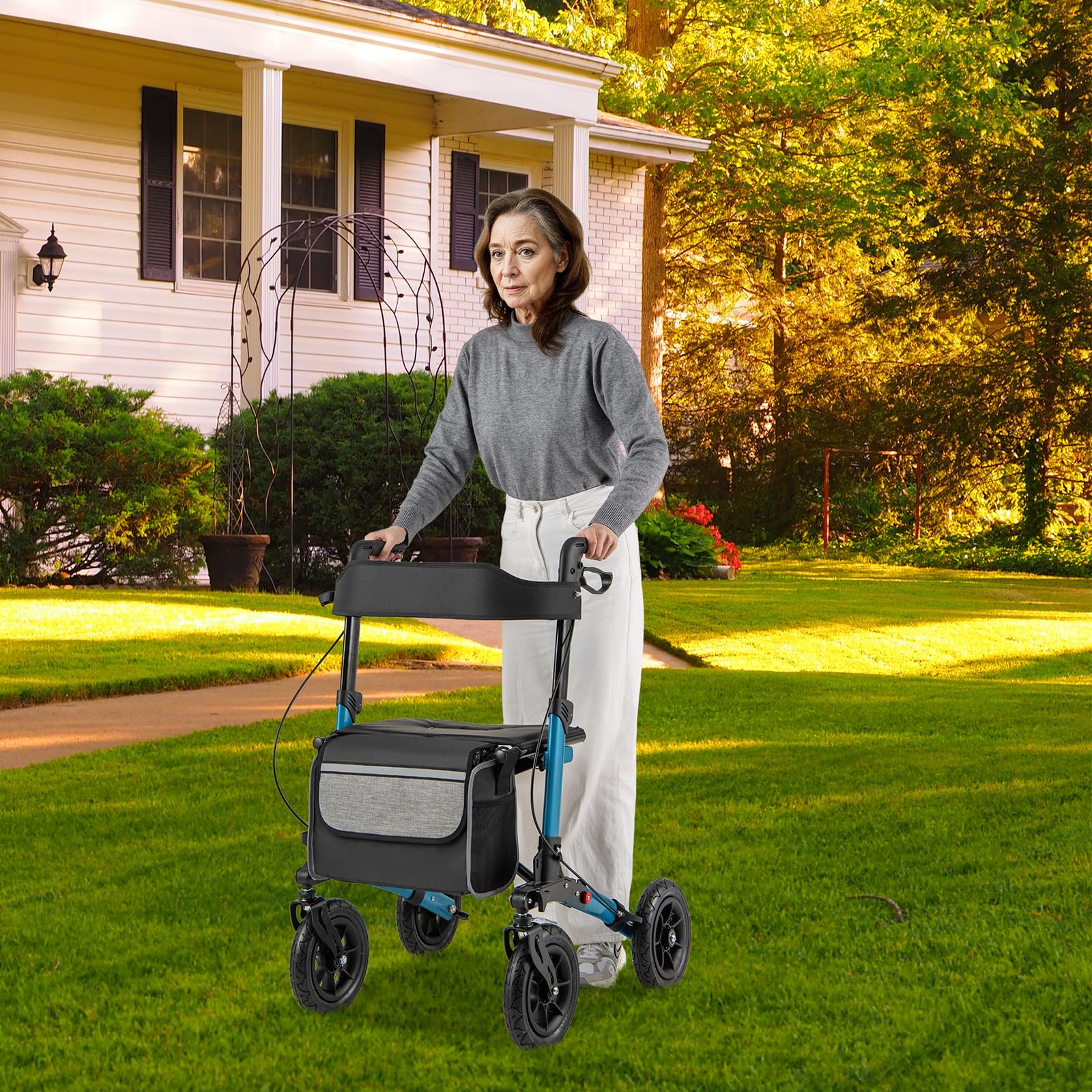 HOMASIS 2 in 1 Deambulatore per Anziani con Seduta, Deambulatore Pieghevole e Regolabile in 7 Altezze, Carrello Rollator in Alluminio per Anziani da Viaggio con Borsa, Fino a 140 kg (Blu)