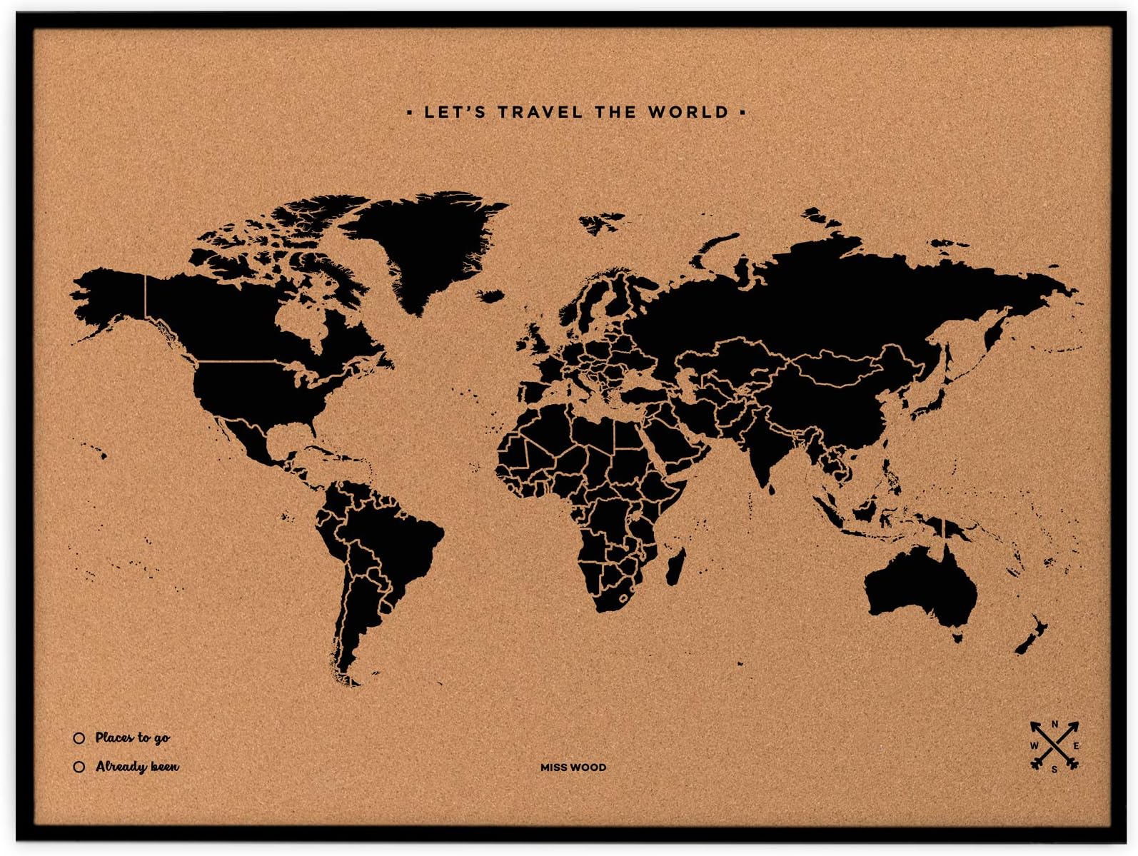 Miss Wood My World L Cork Map with Frame, Wood, Black, 48 x 63 x 1.5 cm