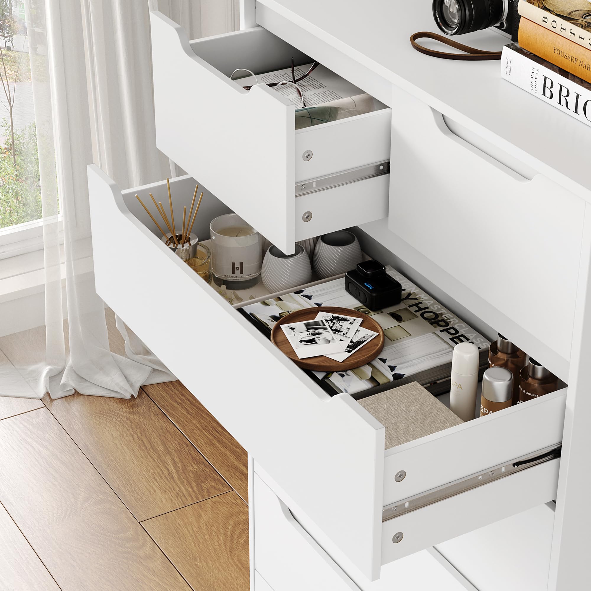 HOCSOK Cassettiera a 6 Cassetti, Comò Camera da Letto, Cassettiera Salvaspazio in Legno, Moderna Mobiletto Multiuso per Soggiorno Sala da Pranzo Corridoio, Bianco, 110.5 x 70 x 40 cm