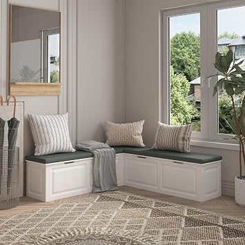 L-Shape Wood Shoe Storage Bench with Cushion Seat, 2 Doors & 4 Storage Compartments, Entryway Corner Bench with Padded Seat & Framed Patterns for Hallway, White & Grey