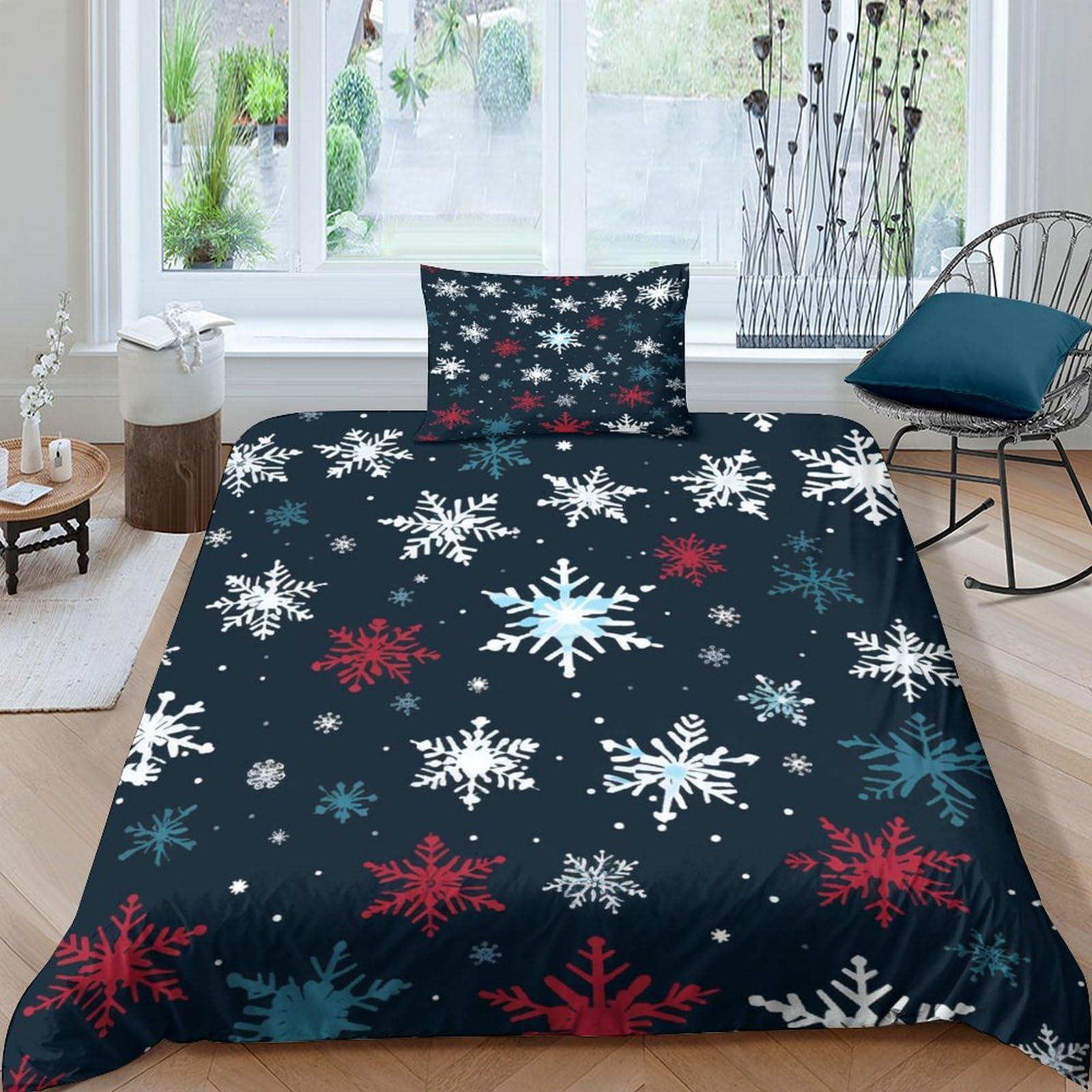 Housse de couette flocons de neige en microfibre thermorégulatrice sans repassage pour lit 1 place