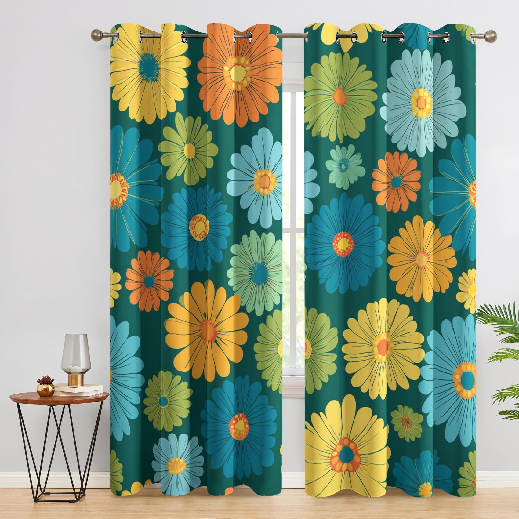 70s Retro Floral Curtains Blackout for Home Decor, Thermal Curtains Teal Yellow Orange Hippie Flower Pattern, Living Room & Bedroom Eyelet Drapes 90 Inch Drop, 90x90, 2 Panels A&1336