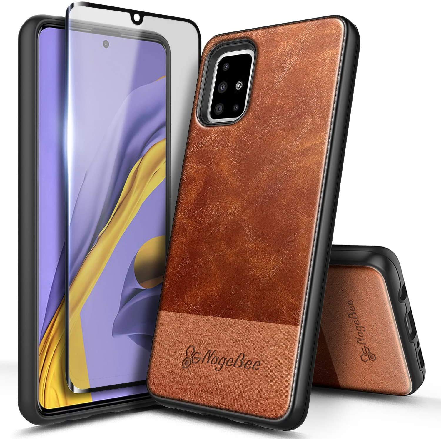 E-Began Case for Samsung Galaxy A51 [Not Fit A51 5G Version] with Tempered Glass Screen Protector (Full Coverage), Premium Cowhide Leather Hybrid Defender Shockproof Rugged Durable Cover Case -Brown