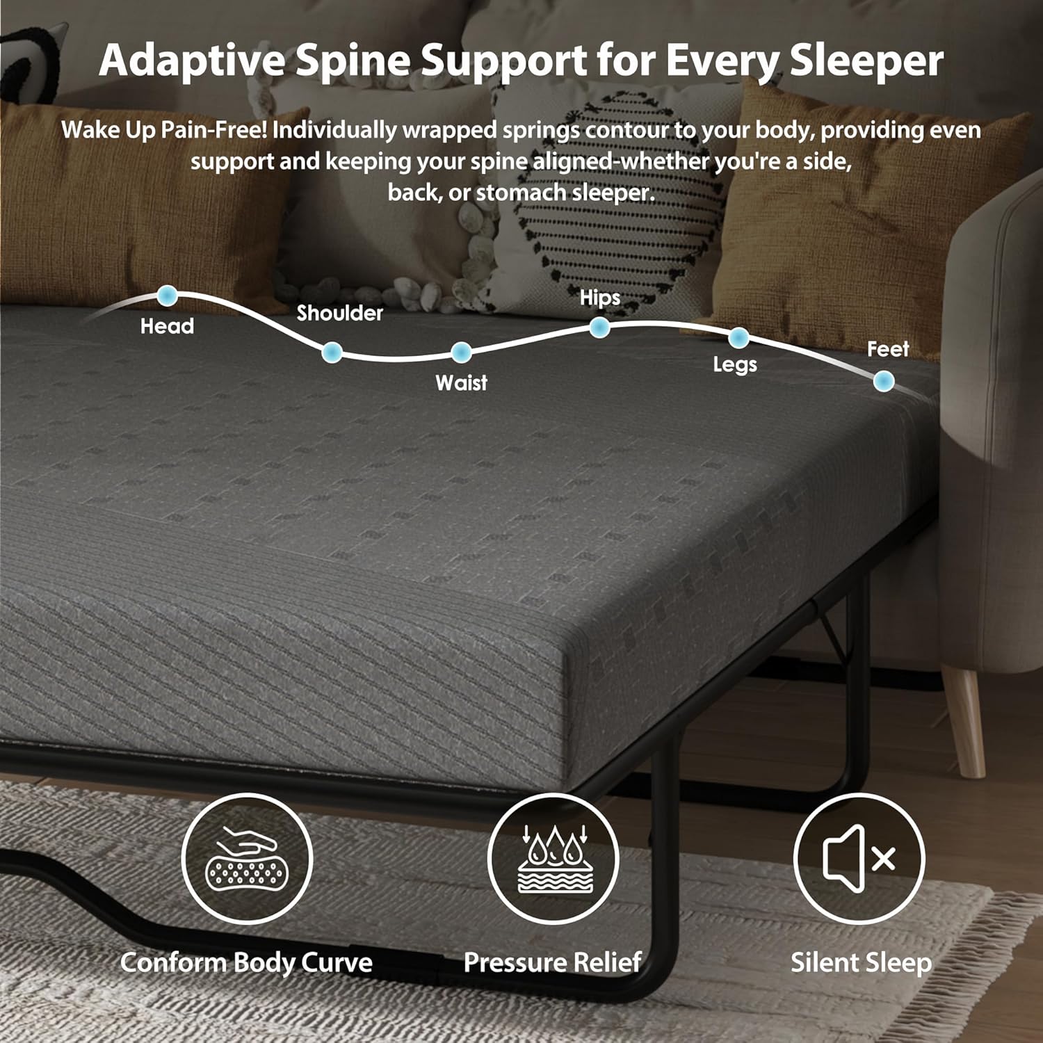 4 Inch Queen Size Gel Memory Foam Sofa Mattress Cushion,Breathable Washable Cover, Ergonomic Lumbar Support, Slip-Resistant Base for Couch, Chair