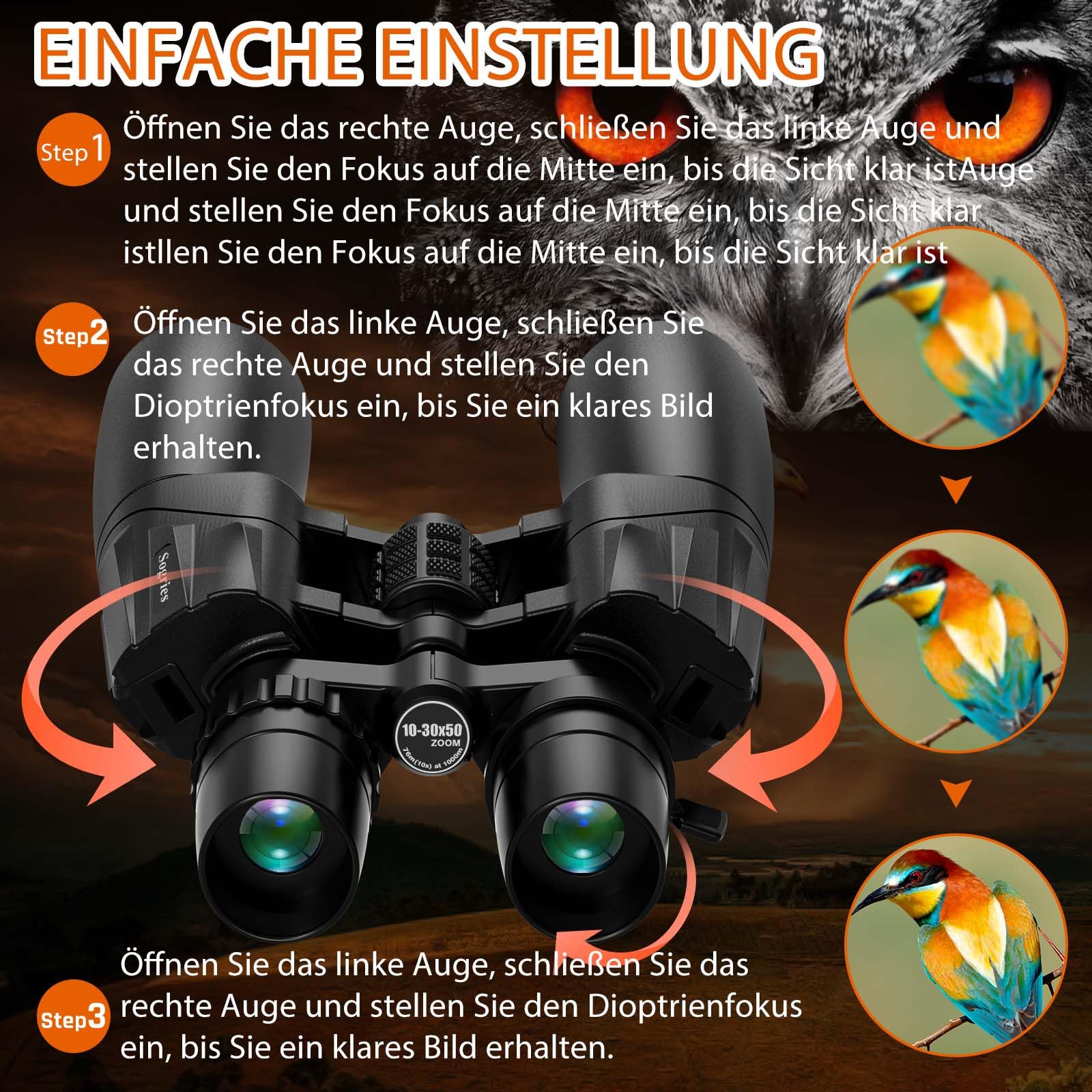 10–30x50 Zoom Fernglas für Erwachsene, HD Fernglas für Vogelbeobachtung | Reisen, Jagd, Konzerte mit großer Sicht, BAK4, FMC-Objektiv, klare Sicht bei schlechten