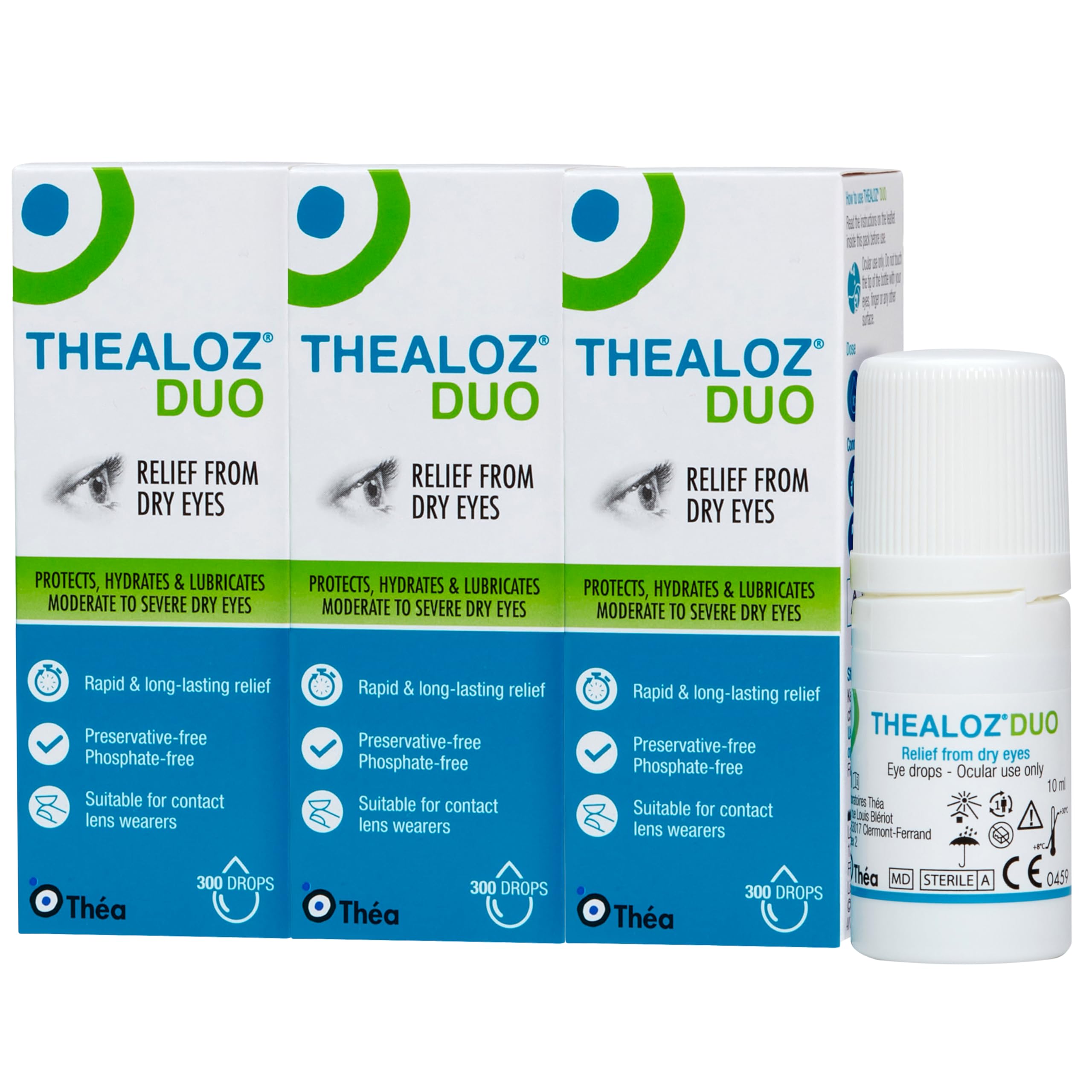 Thealoz Duo Eye Drops | Preservative-Free | Rapid Relief for Dry, Tired, Sore Eyes | Contact Lens Friendly | 3 Pack |10ml (900 Drops)