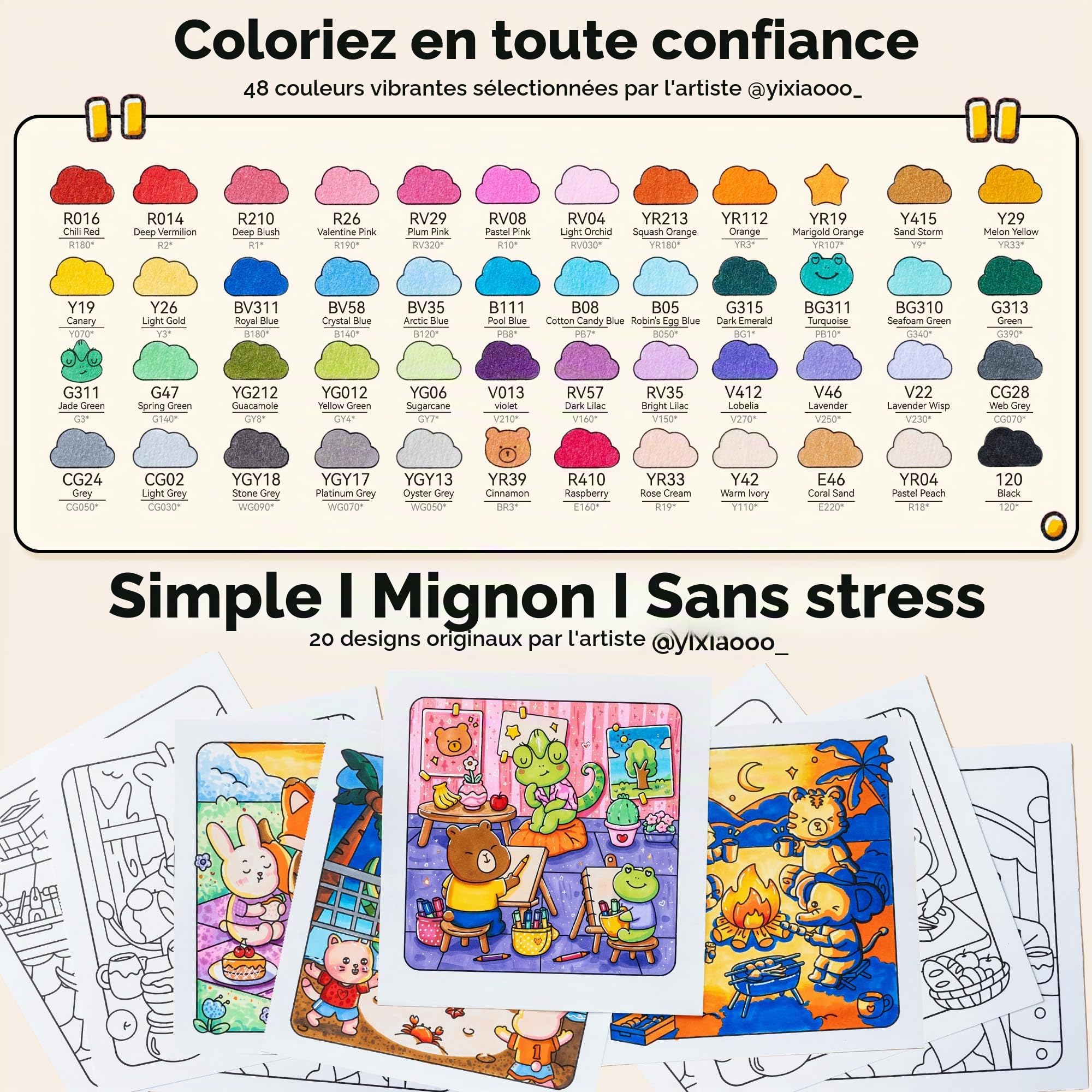 Ohuhu Honolulu B Lot de 48 marqueurs à alcool avec livre de coloriage, certifié AP - Marqueurs artistiques rechargeables à double pointe pour coloriage adulte, illustration, cadeau anti-stress pour