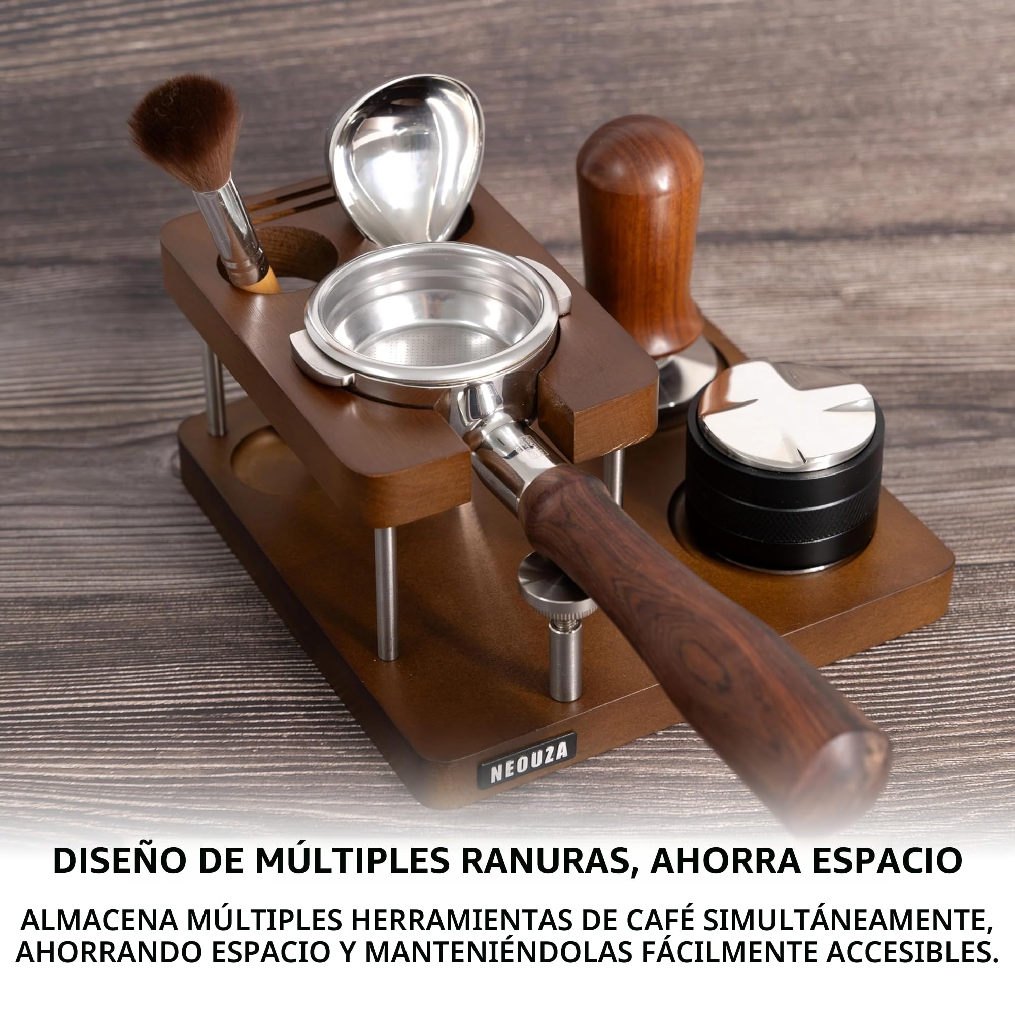 NEOUZA Estación Organizadora de Prensadores de Espresso para Prensador Distribuidor Portafiltros de 51/53/58mm, Estación de Prensado de Madera, Soporte de Portafiltros, Alfombrilla de Prensado (51mm)