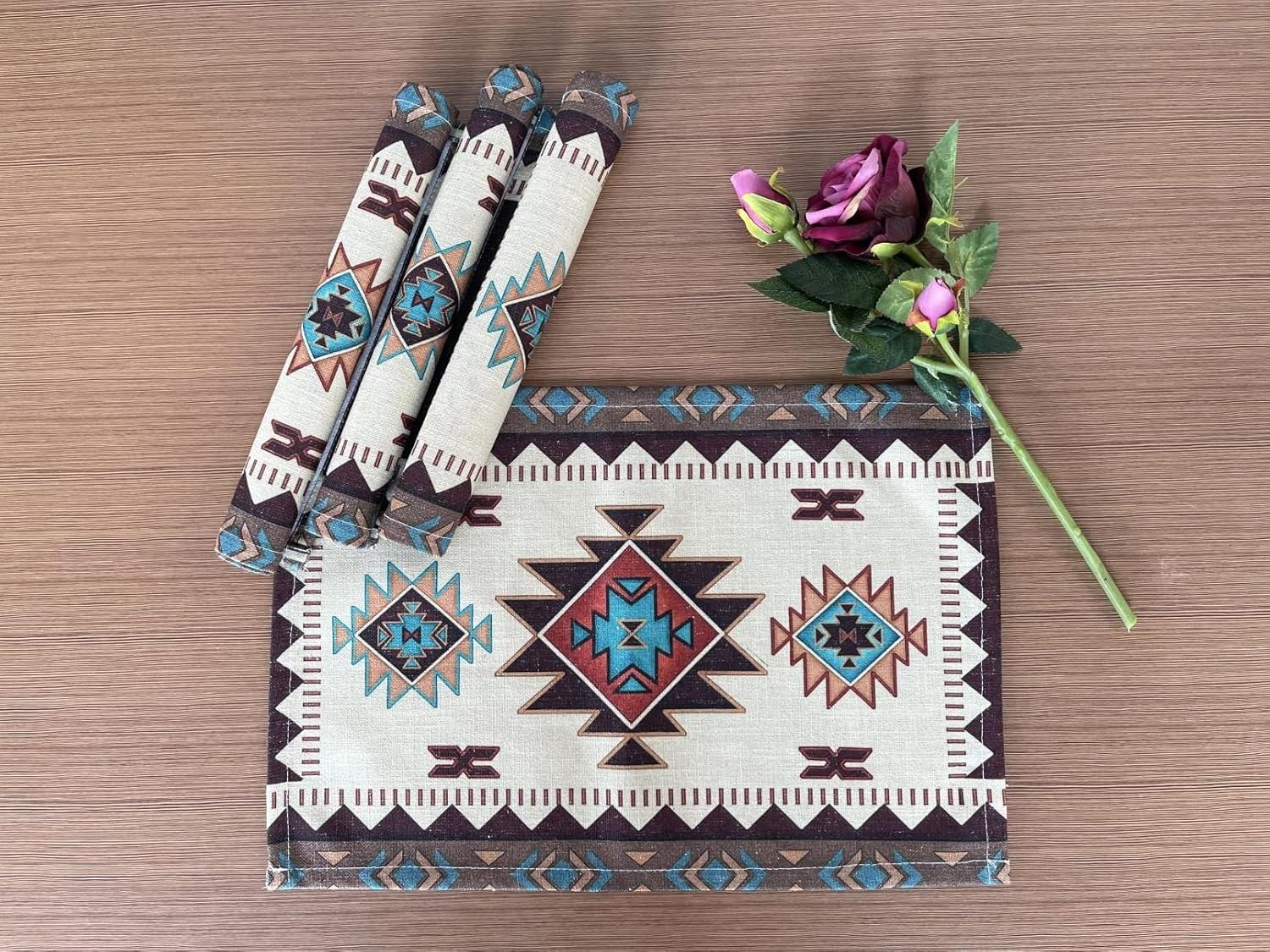 Set of 4 Placemats Southwest Geometric Rectangle 18 X 13 Inch Table Setting Decor for Garden Farmhouse Wedding Party Holiday Dinner Home Decoration Everyday Cotton Linen