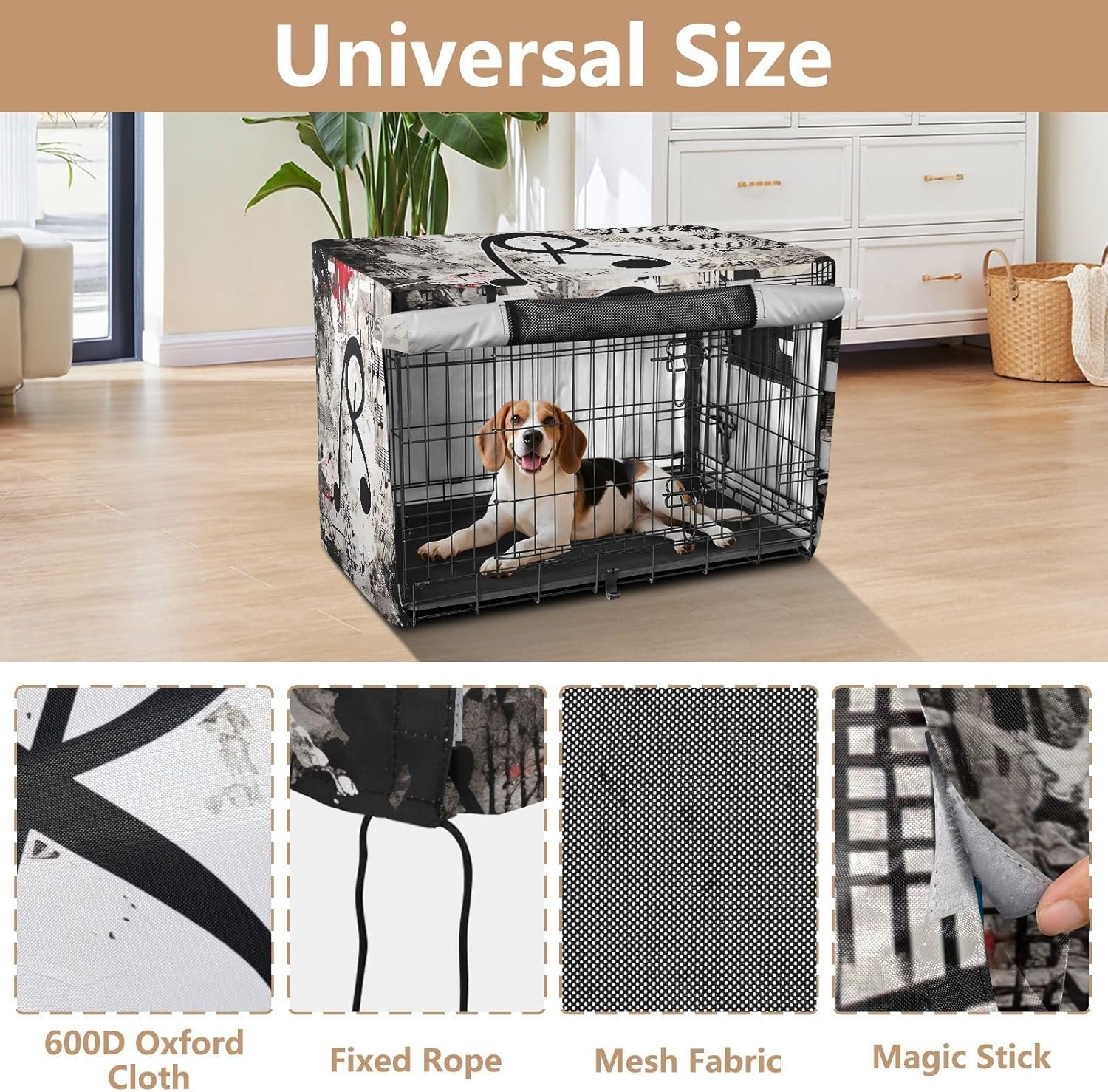 Creative Musical Clef Dog Crate Cover S-XL Washable Pet Kennel Cover with Mesh Windows, Reduces Barking, X-Large