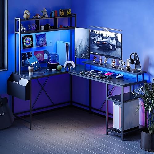 Miniatura 2 de Jojoka Escritorio para juegos en forma de L con luces LED y tomas de corriente, escritorio reversible grande en forma de L de 67 pulgadas con