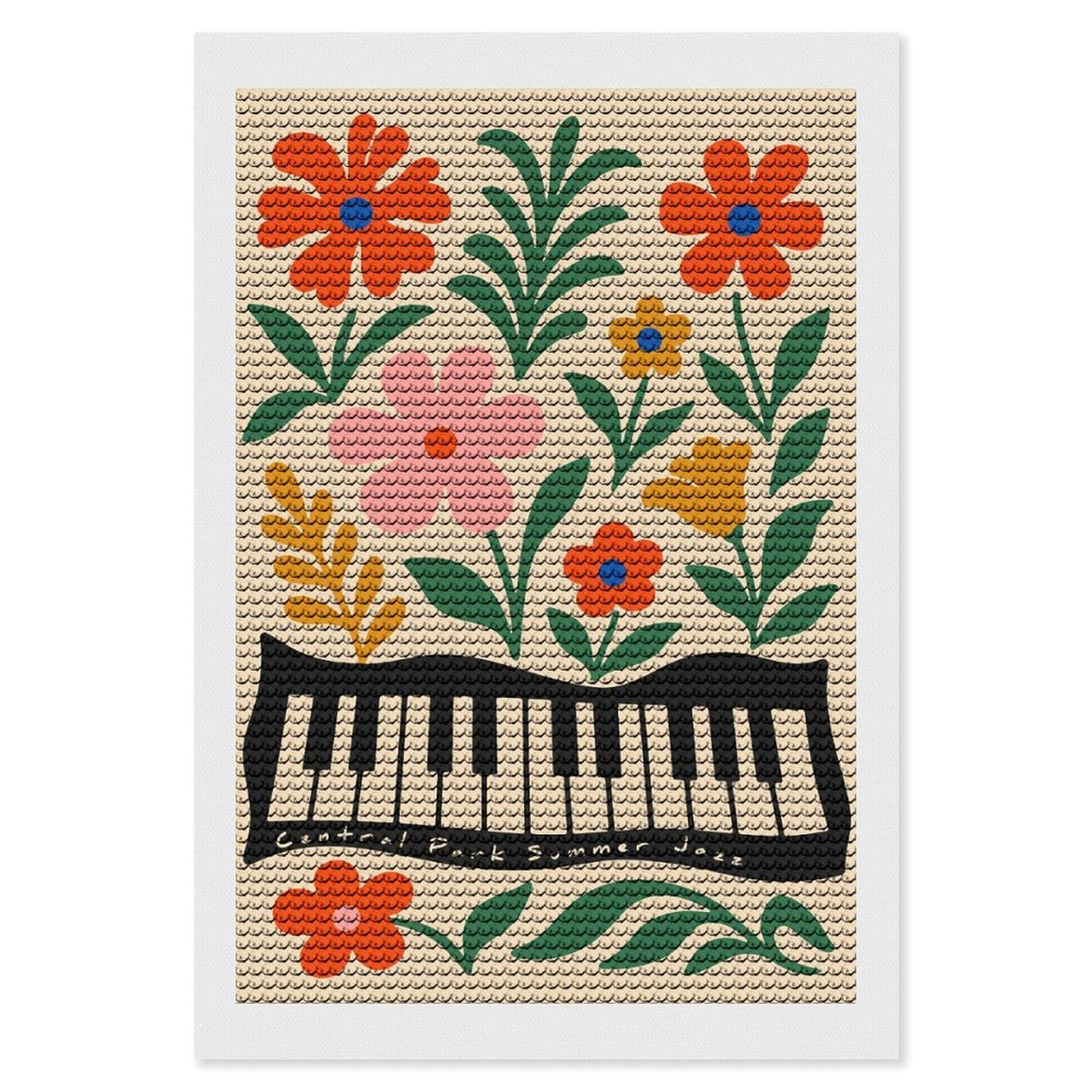 Junmoney Central Park Summer Jazz Floral Piano Diamond Painting Canvas Kit 8"x12", Round Gems, Living Room Decor, Seasonal Gift Choice, Modern Decor