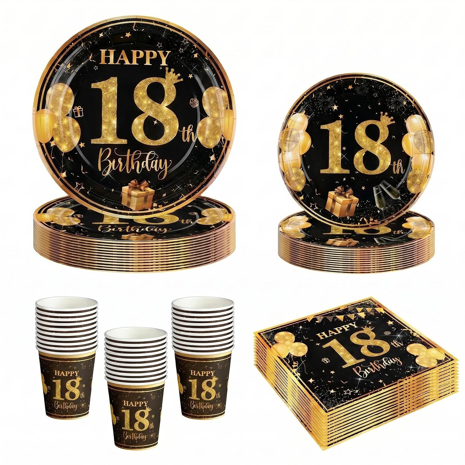 68Pcs 18th Birthday Party Plates Cups and Napkins, Black Gold 18th Birthday Decorations, 7" and 9" Disposable Paper Plates, Disposable Party Tableware Set Serves 16 Guests for Men Him Women Her