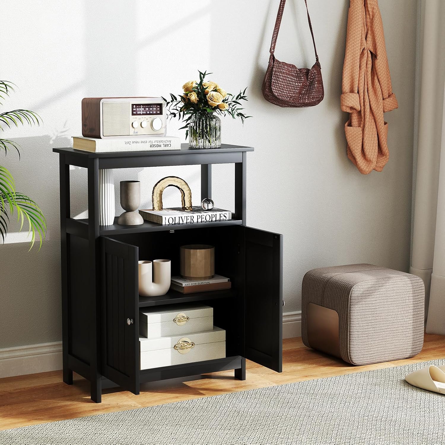 GOFLAME Bathroom Cabinet, Floor Storage Organizer with 2 Doors, 2 Open Shelves, 3-Level Adjustable Shelf, Modern Storage Unit for Laundry Room, Entryway, Living Room, Black