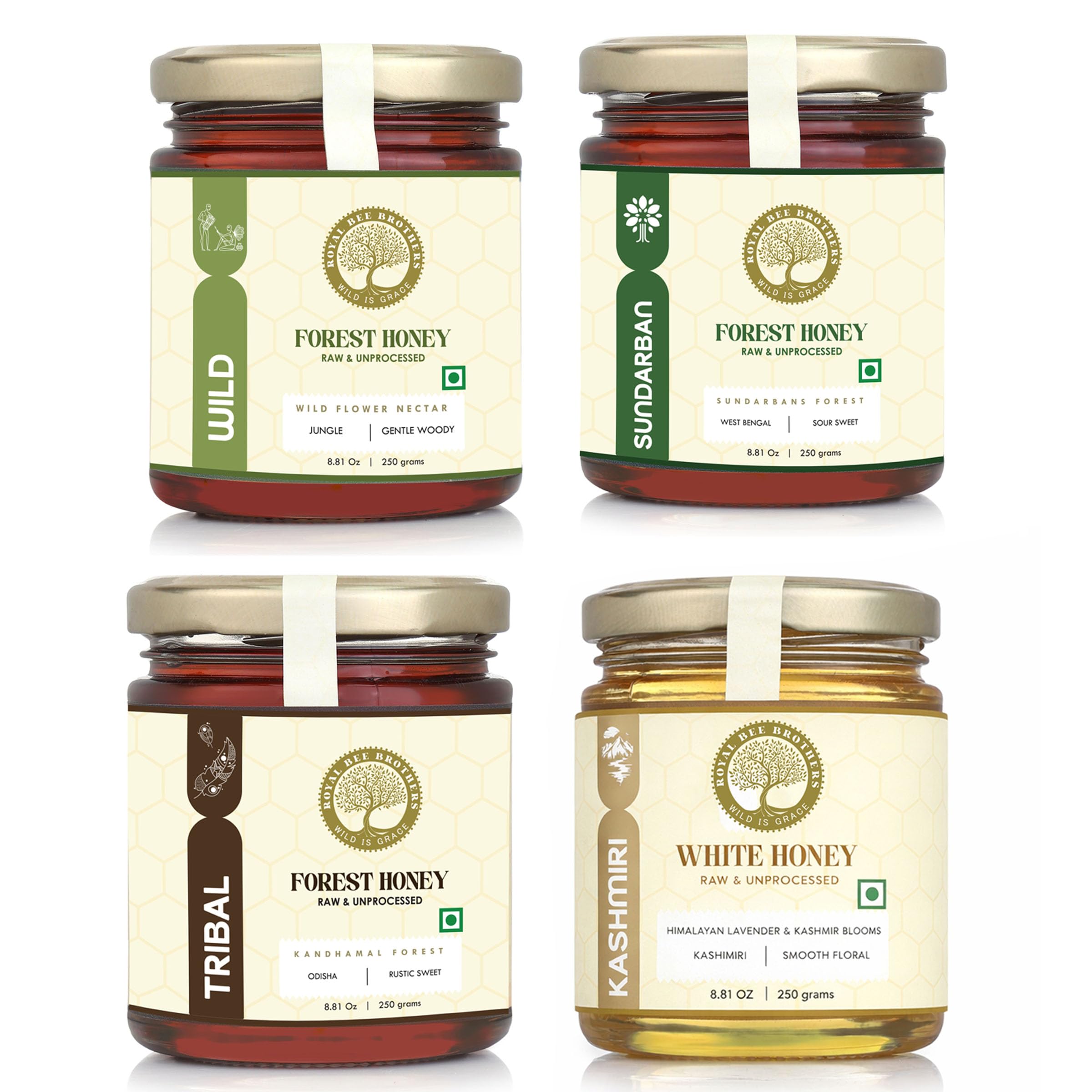 - Royal Bee Brothers | Combo Pack of Four Wild Forest Honey | Produce of Wild Honey Bee | Raw Natural Unprocessed Unheated Unfiltered | No Preservative