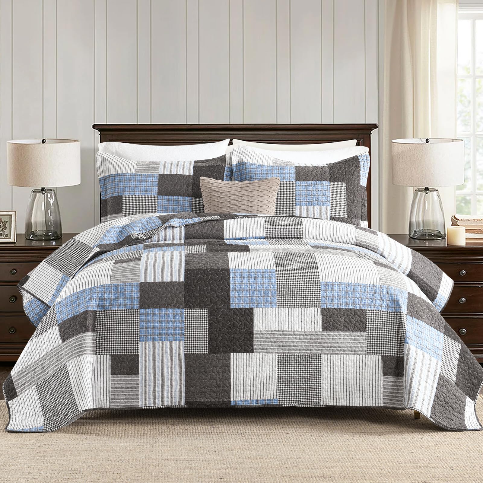 SahSahCasa Quilt Queen Size, Queen Quilt Set, 100% Cotton Queen Quilted Bedding Set Bedspreads, Farmhouse Patchwork Quilts, Plaid Reversible Lightweight Rustic Comforter, Taupe Blue White, 3Pcs
