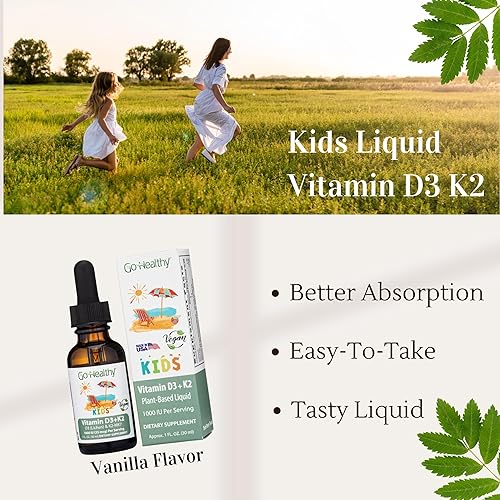 Miniatura 3 de Go Healthy - Gotas de vitamina D3 K2 para niños, contiene 25 mcg (1000 UI) de vitamina D líquida vegana y 150 mcg de vitamina líquida vegana K2