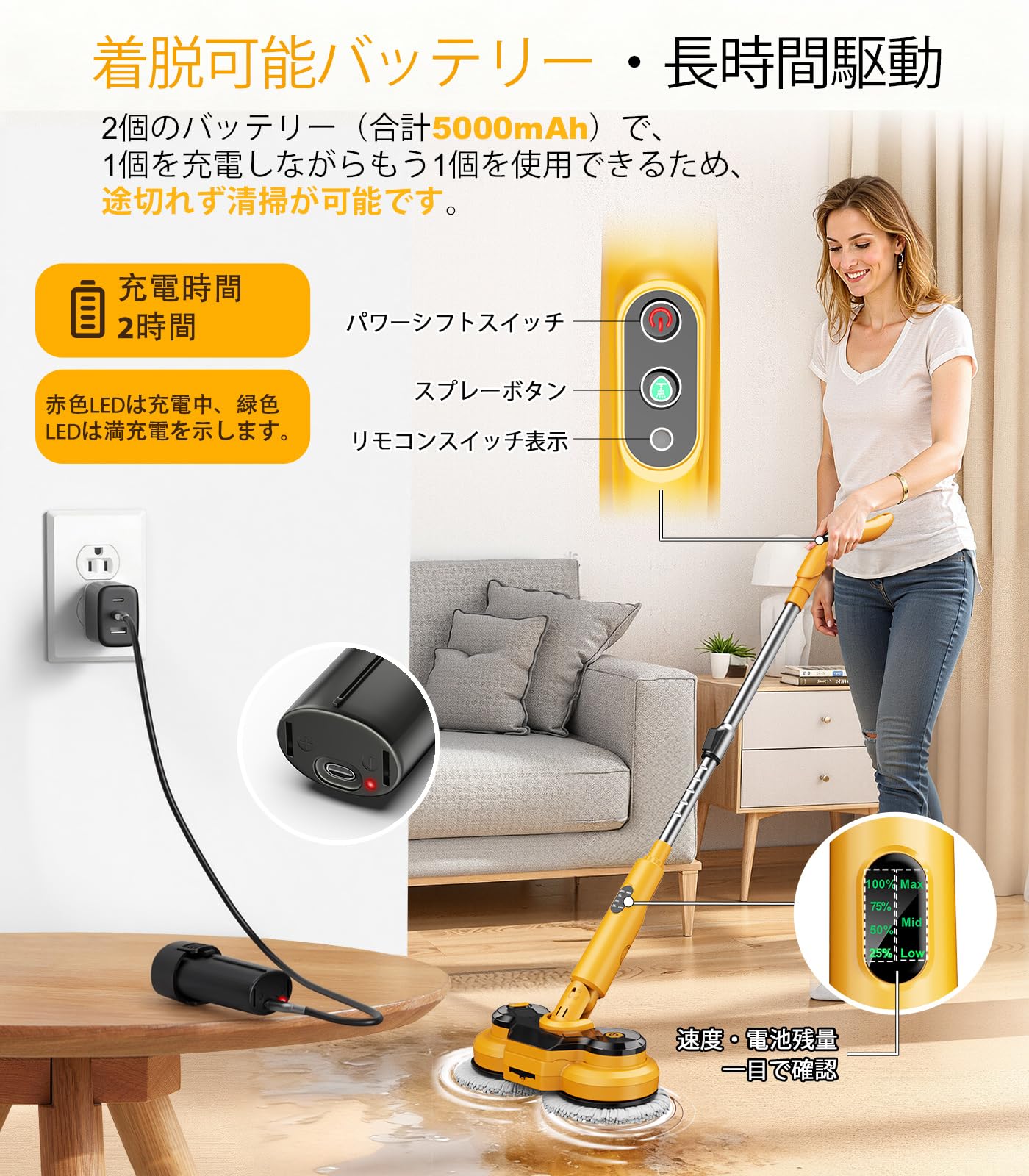 Amazon｜Qimedo 電動モップ 800回/分 高速回転 軽量コードレス 床