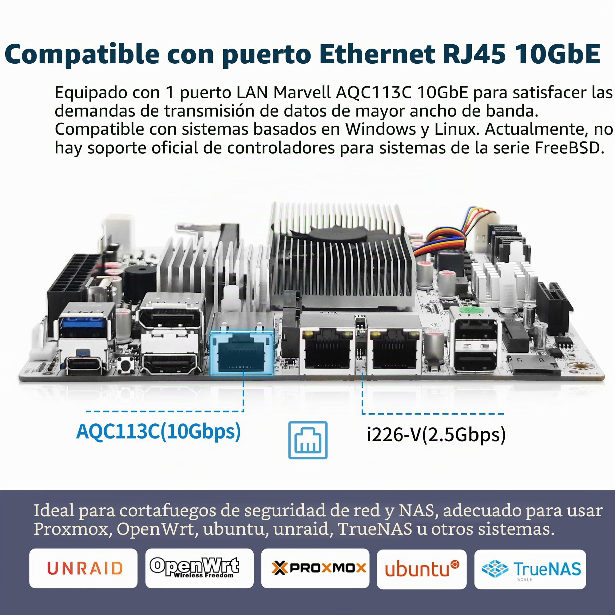 CWWK NAS Motherboard 8 Bay con 10GbE RJ45 LAN, N150 CPU Mini ITX Placa Base Blanca M8 (N100 Upgrade), 2 x NVMe, Dual 2.5Gb Ethernet, M.2 WiFi, USB-C, DDR5 NO RAM/SSD, PCIe x1, TF