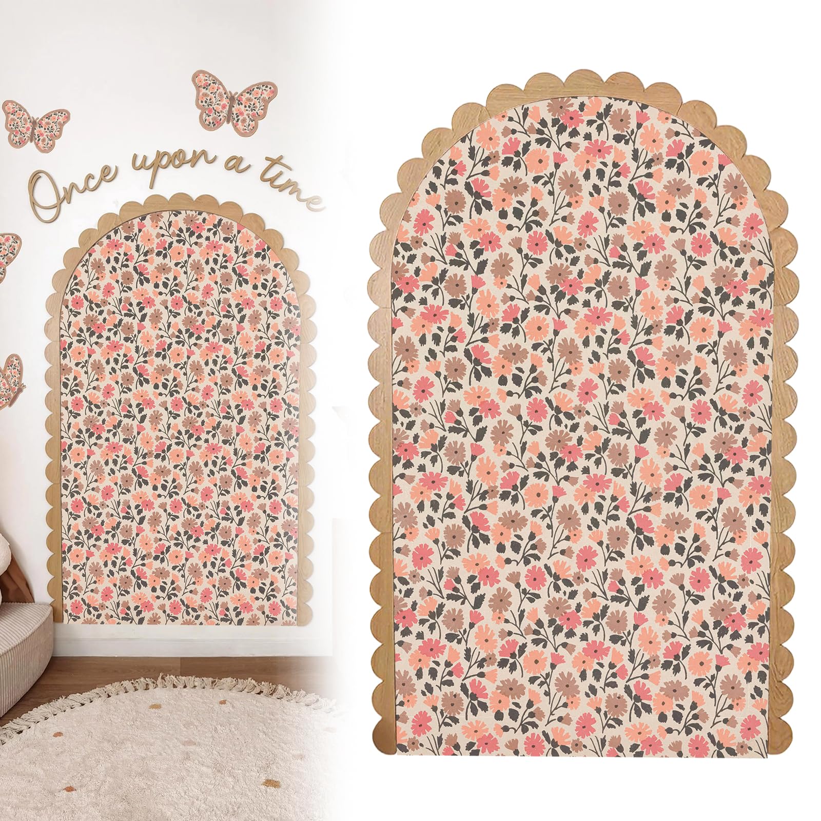 Floral Arch Wall Decal, 80 x 150 cm Peel and Stick Boho Flower Wall Stickers, with Wooden Fan-Shaped Frame, Self-Adhesive Waterproof Wallpaper Decoration for Nursery Bedroom Living Room (B)