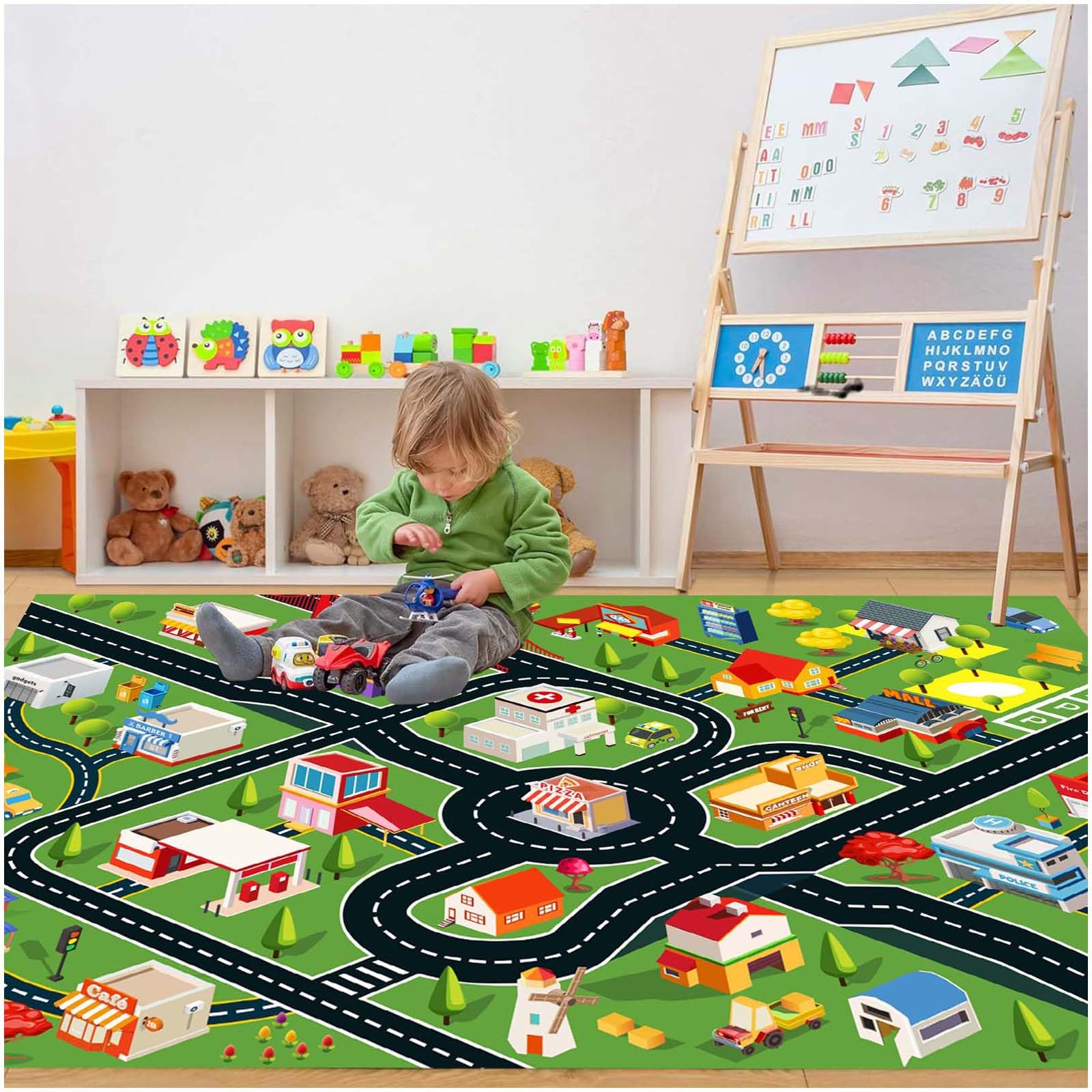 Lukhevev Kids Rug Car Rugs for Kids Toy Cars Play Mat with Rubber Backing City Life Road Rug for Cars Fun City Map for Carpet for Bedroom Boys (