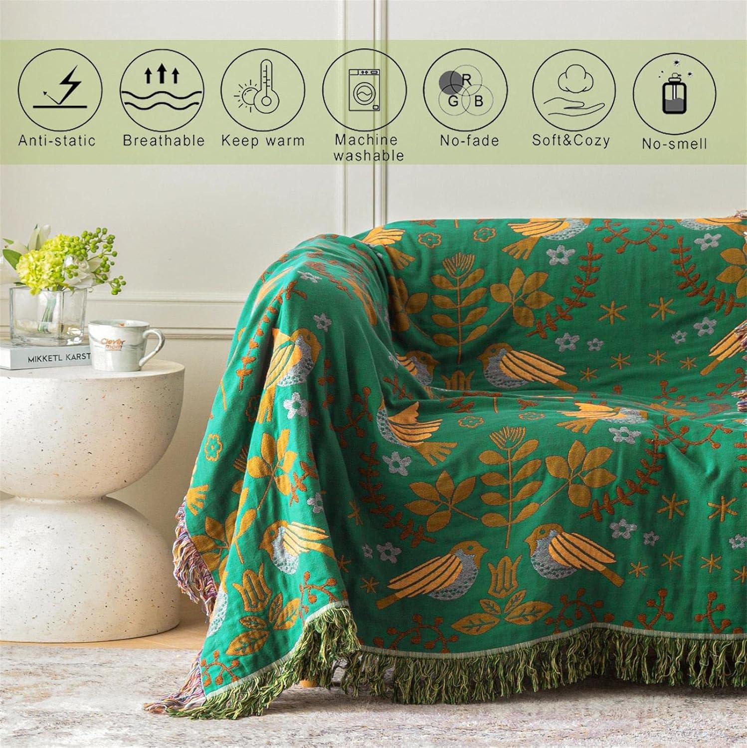 Green Fall Blanket 60''x 80'' Boho Throw Blankets for Couch Bed Chair,100% Cotton Quilts Christmas Warm Soft Blanket Muslin Bed Blankets Farmhouse Decoration - Image 5