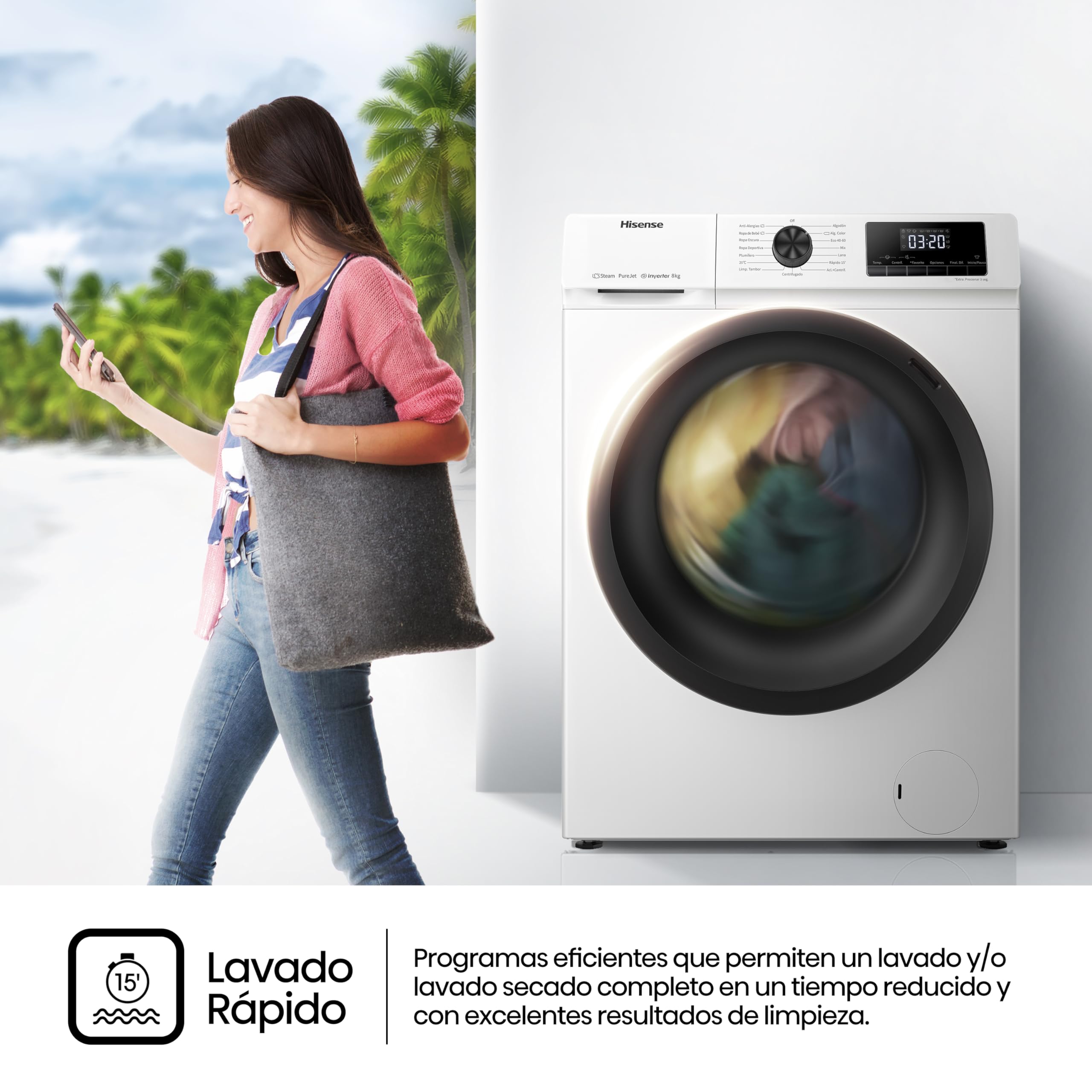 Hisense WFQE8014EVJM Lavadora 8 Kg, 1400 rpm, 15 Programas Automáticos, Vapor, Motor Inverter, Clase Eficiencia Lavado A, Pantalla LED, Programa Rápido, PureJet, Blanco