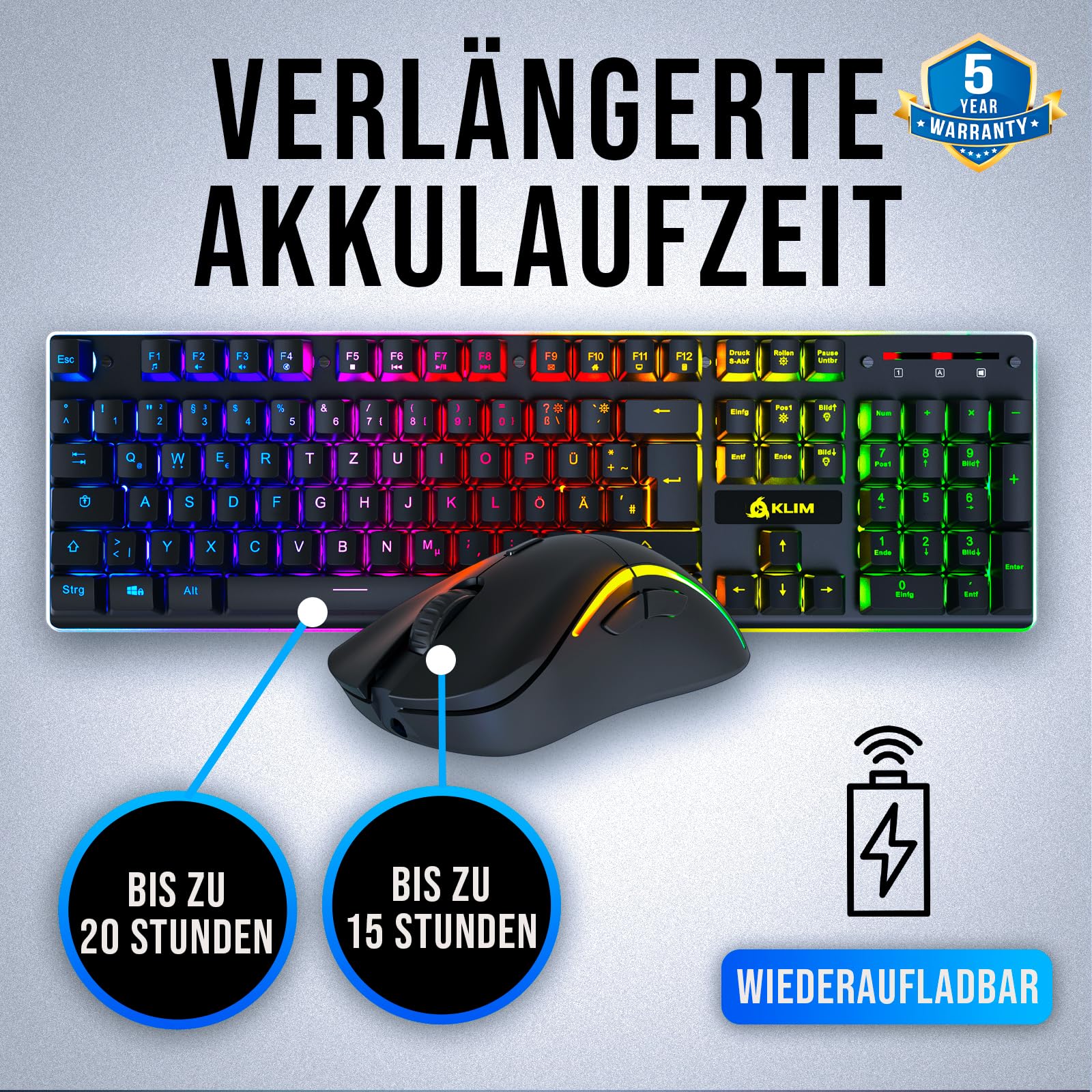 KLIM Thunder QWERTZ DE Layout Ensemble Clavier et Souris de Jeu sans fil - Clavier rétroéclairé sans fil avec batterie intégrée longue durée + Souris de jeu RGB 4800 DPI pour PC
