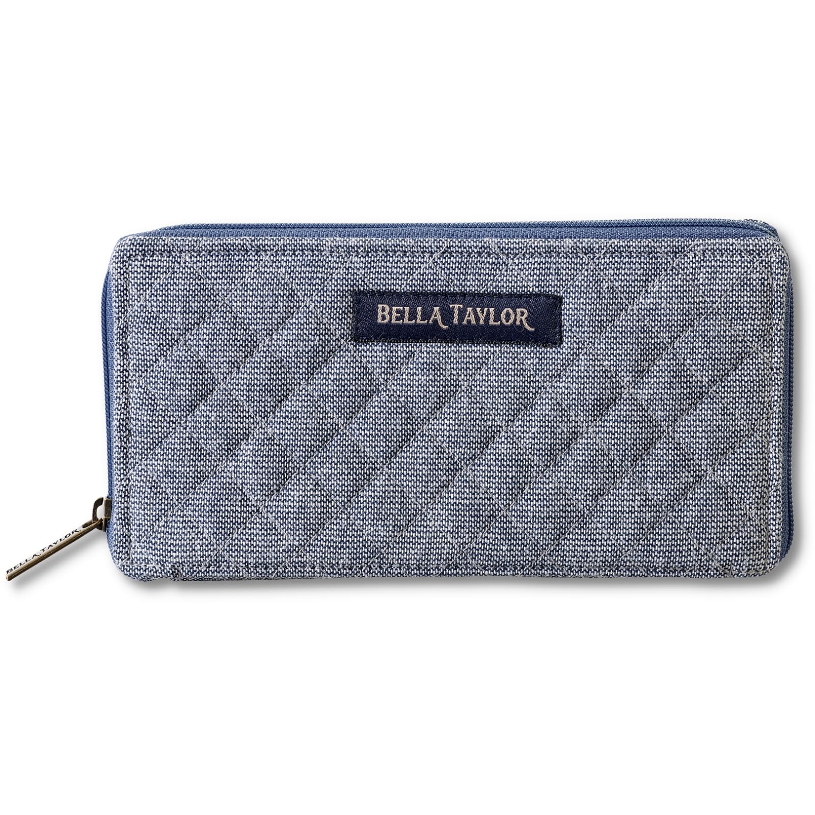 Bella Taylor Slim Card Wallet for Women | Quilted Cotton Fabric Zip Around Credit Card Wallet with RFID Protection | Blue Chambray