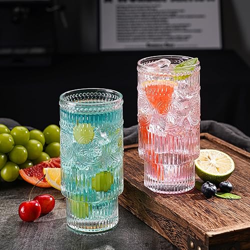 Miniatura 3 de Gafas de diseño en relieve, 8 vasos Highball, cristalería vintage a rayas acanaladas de 16 onzas para cóctel, whisky, jugo