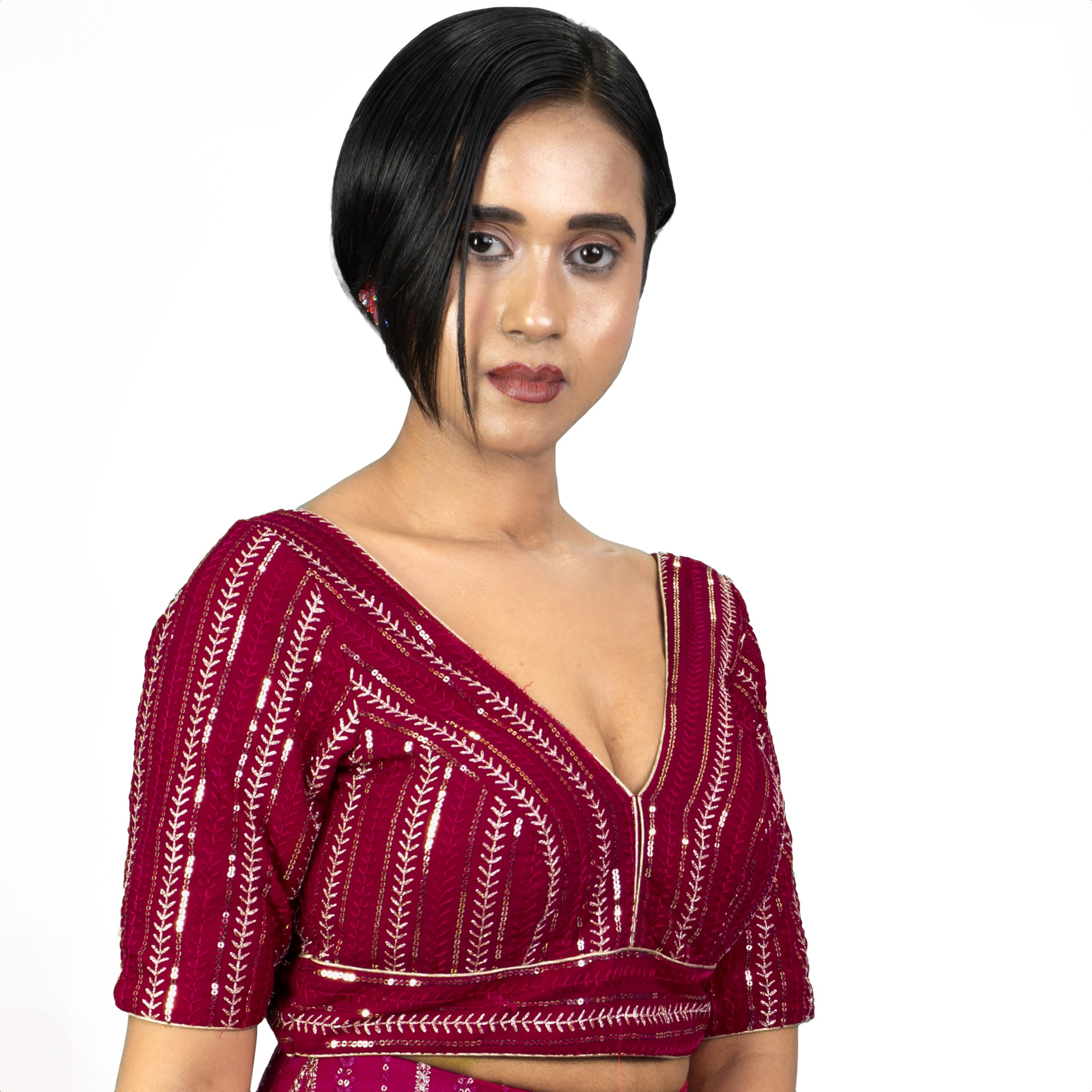 figure's designer Women's Sequin Embroidered V Neck Elbow Half Sleeve Readymade Saree Blouse Indian Ethnic Designer Stitched Handmade Top Padded Wine Pink Blue White Black | E3-picture-37