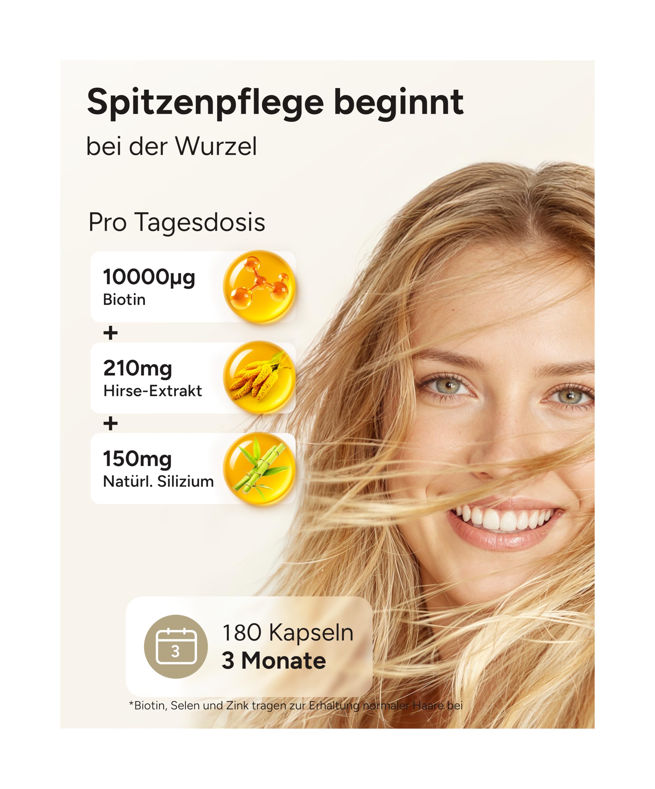 Haar Vitamine - 180 Kapseln - 24 Inhaltsstoffe mit Biotin hochdosiert 10.000µg Hirse & Silizium - Haut Haare Nägel Kapseln - Rapunzel - 3 Monatsvorrat