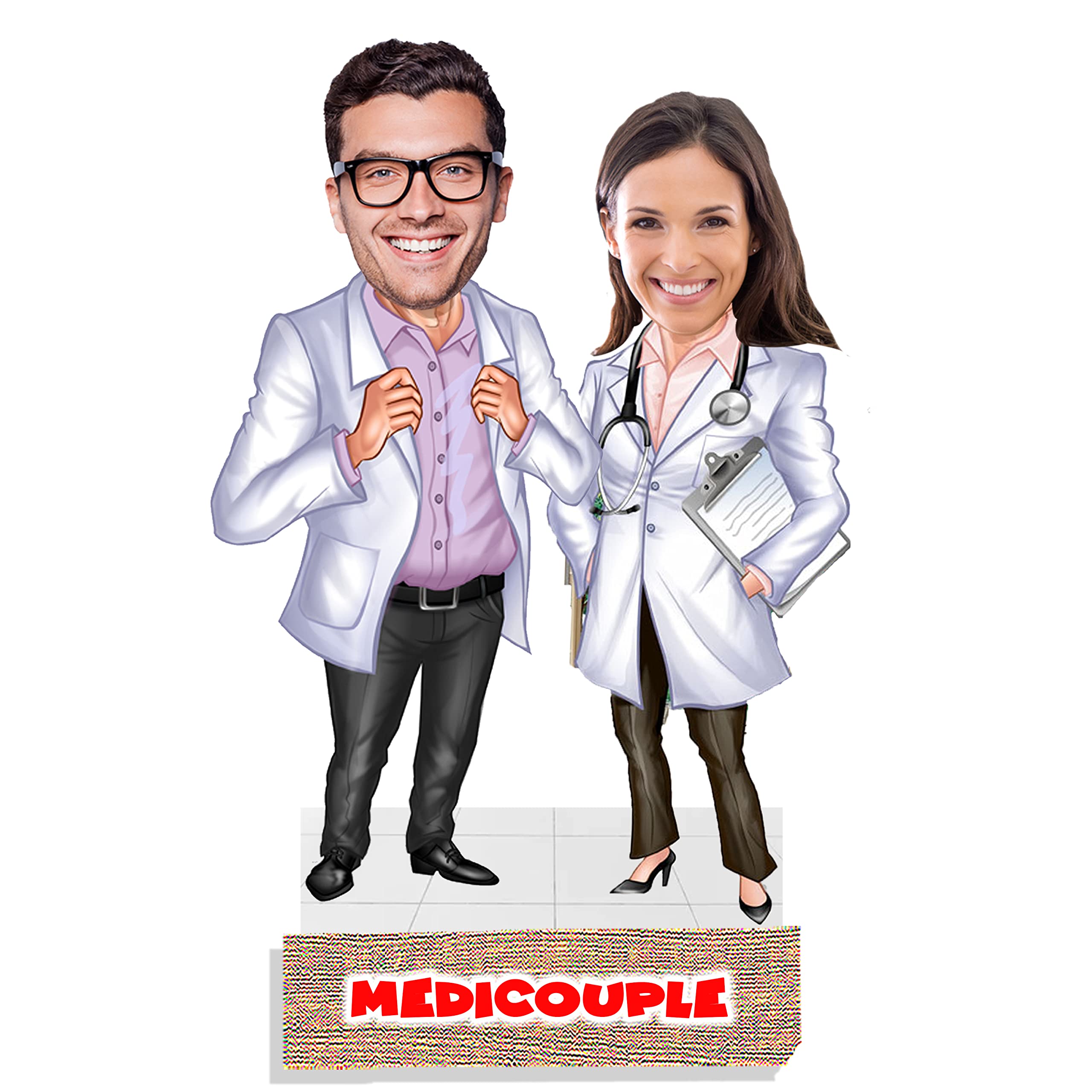 HEARTSLY | Personalized Caricature | MEDICAL COUPLE DOCTOR DESIGN 02 | 9 inch * 6 inch, Multicolor, Wooden Print