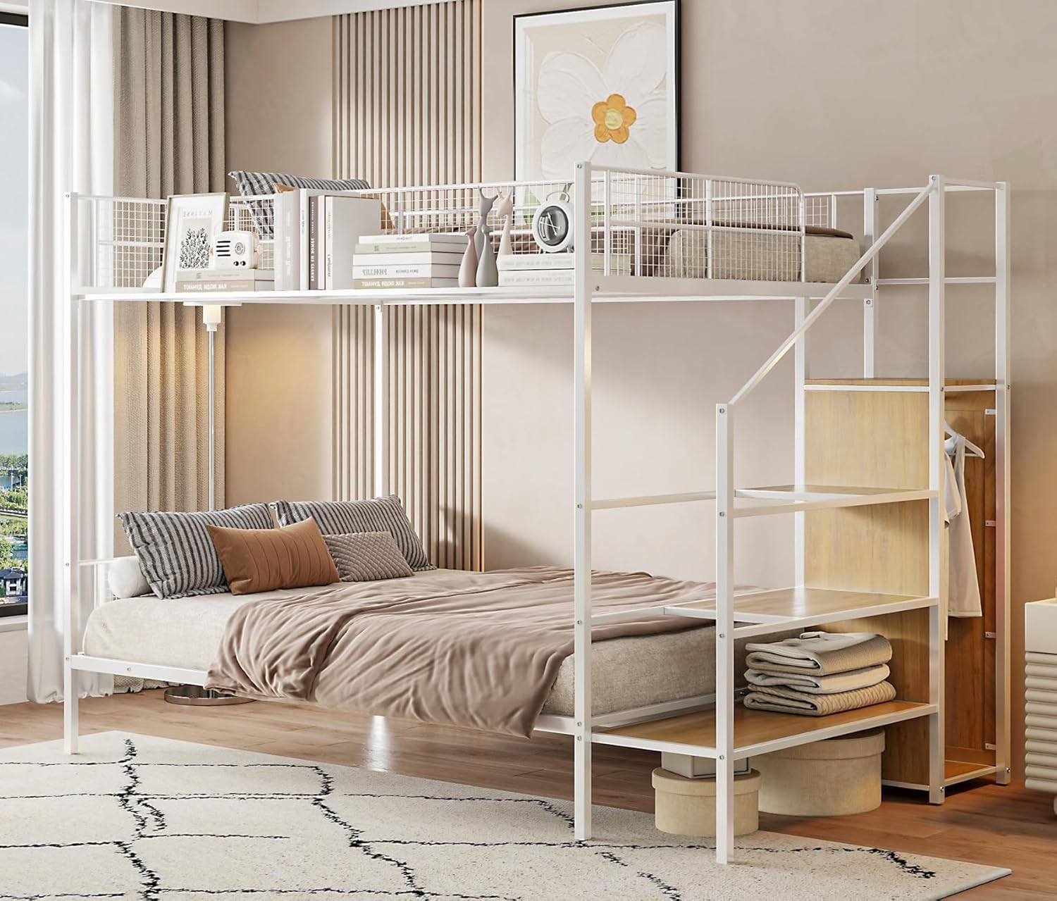 ((Incomplete box1 of 2))Merax Bunk Bed Twin Over Full, Metal Bunkbed Frames with Storage Stairs, Wire Shelving and Wardrobe, Full-Length Guardrail, No Box Spring Needed, White